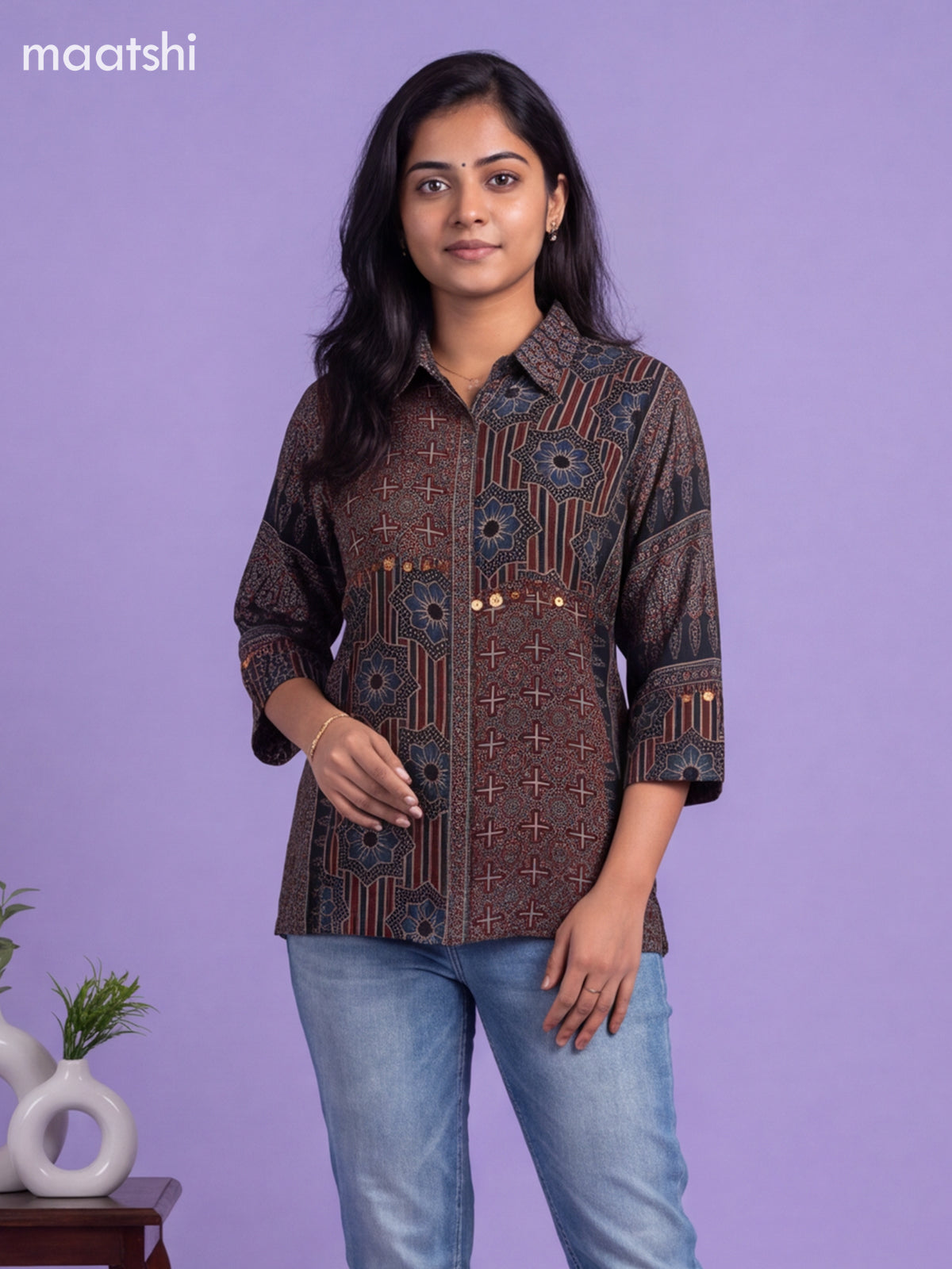 Black Crepe Silk Ajrakh Printed Women Shirt Without Pant