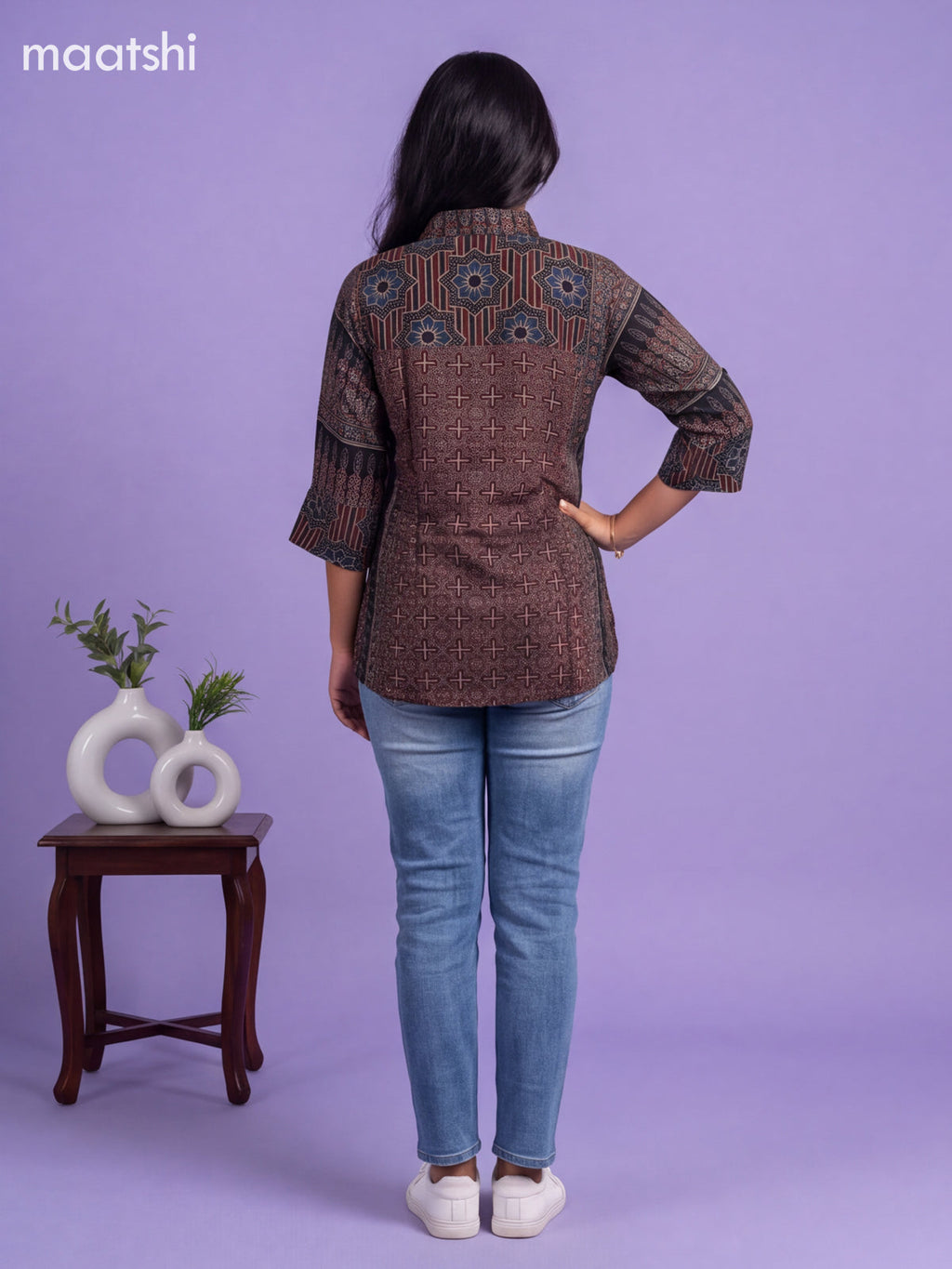 Black Crepe Silk Ajrakh Printed Women Shirt Without Pant