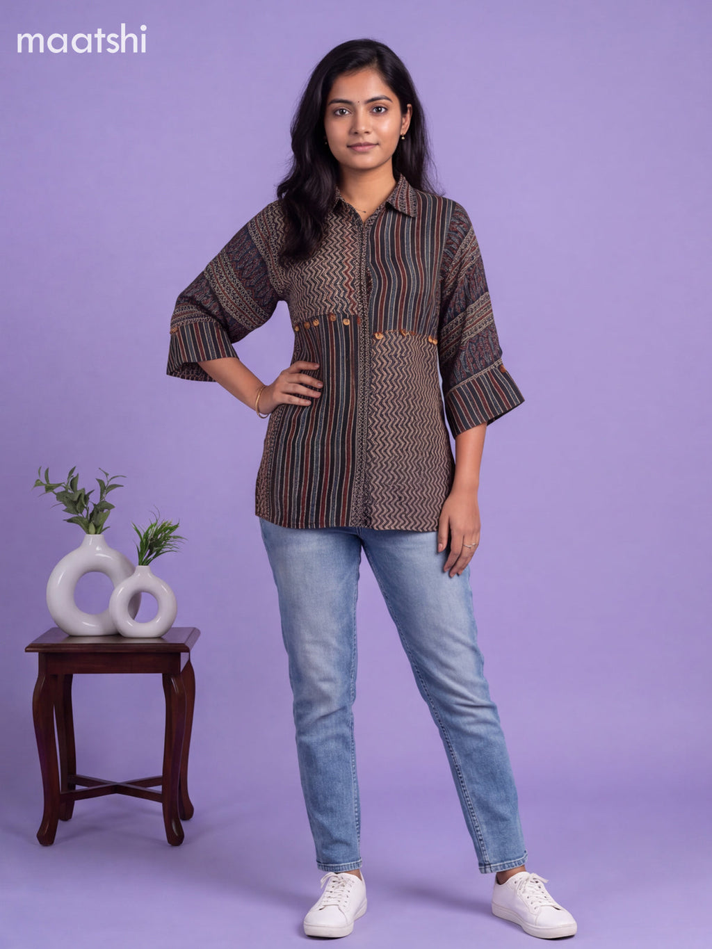 Multicolour Crepe Silk Ajrakh Printed Women Shirt Without Pant