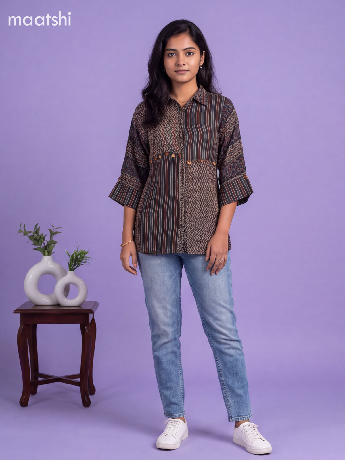 Multicolour Crepe Silk Ajrakh Printed Women Shirt Without Pant