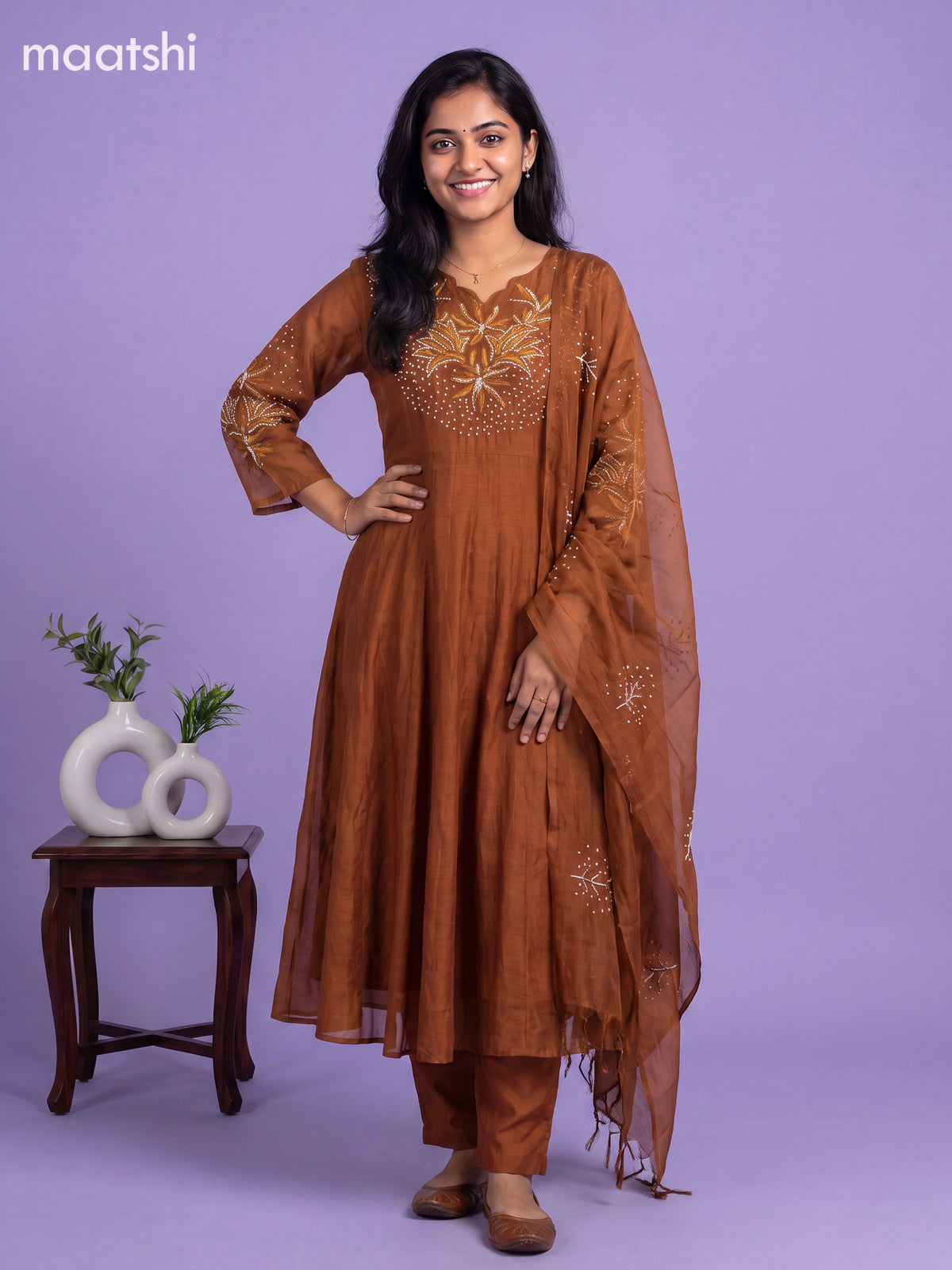 Dark Mustard Mul Chanderi Embroidery Work Anarkali Suit