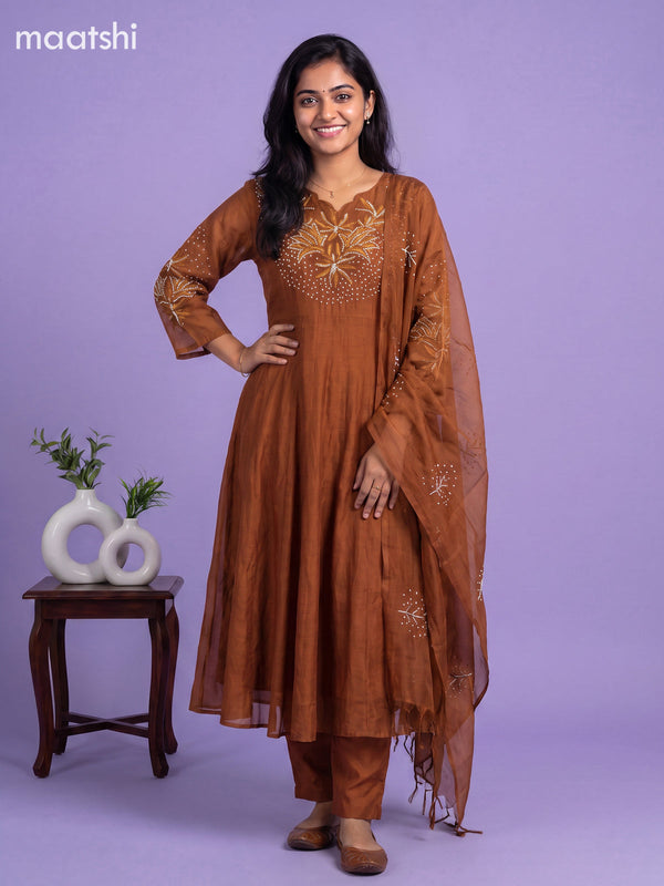 Dark Mustard Mul Chanderi Embroidery Work Anarkali Suit