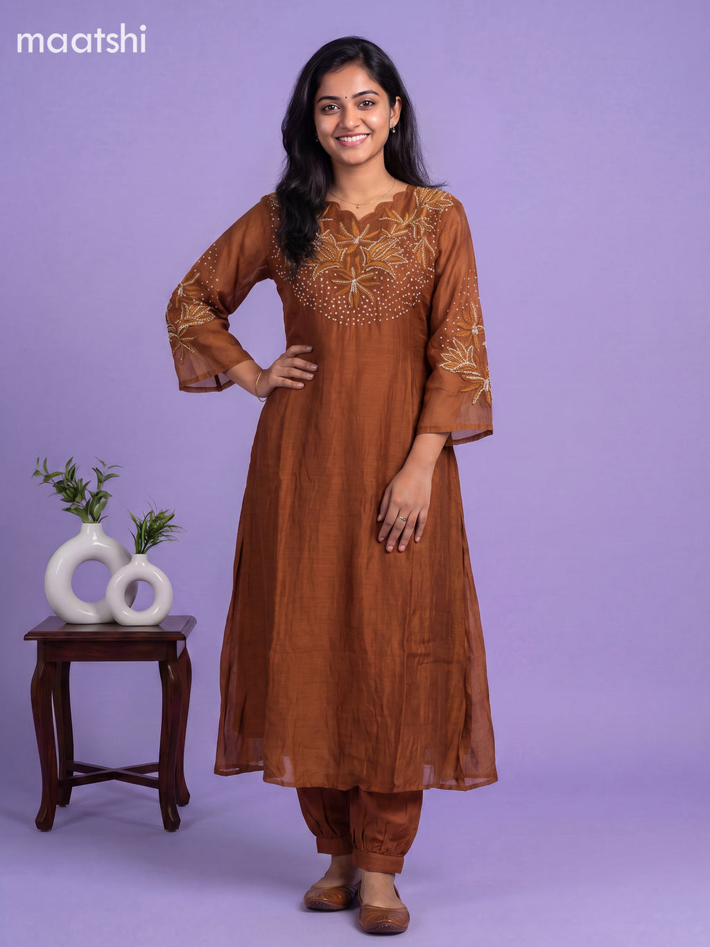Dark Mustard Mul Chanderi Embroidery Work Anarkali Suit