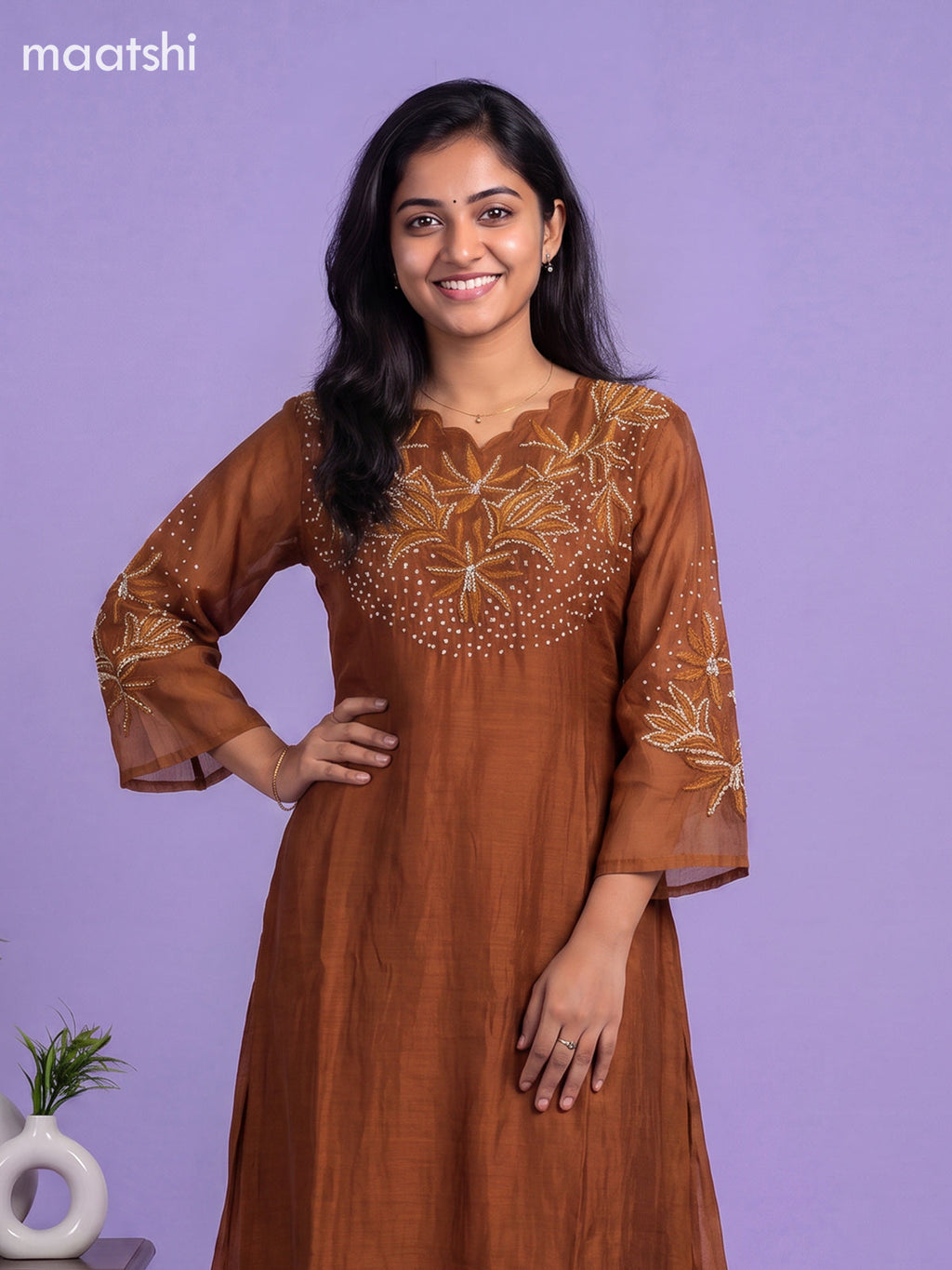 Dark Mustard Mul Chanderi Embroidery Work Anarkali Suit