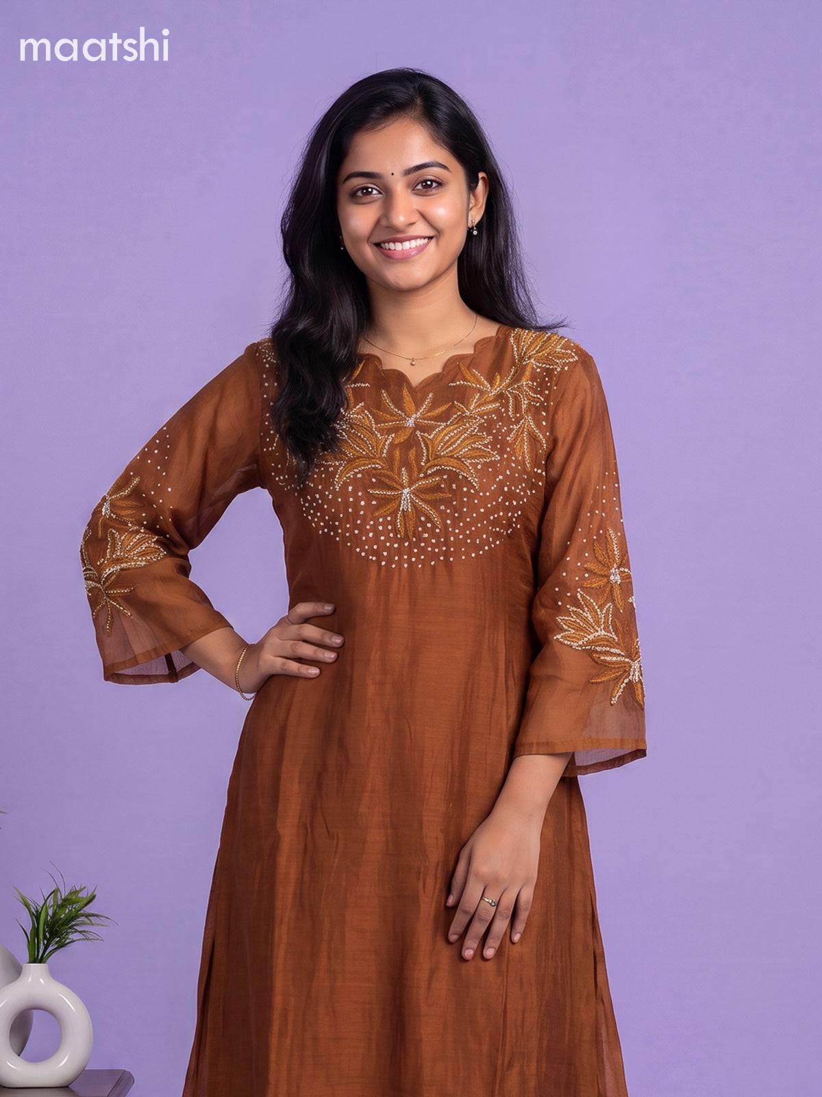 Dark Mustard Mul Chanderi Embroidery Work Anarkali Suit