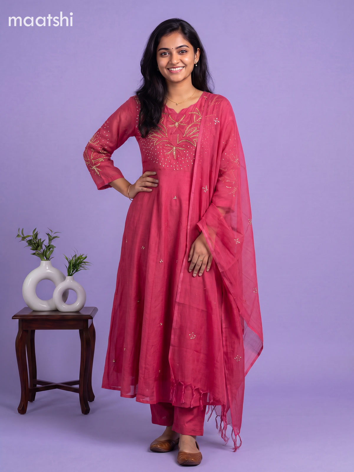Rani Pink Mul Chanderi Embroidery Work Anarkali Suit