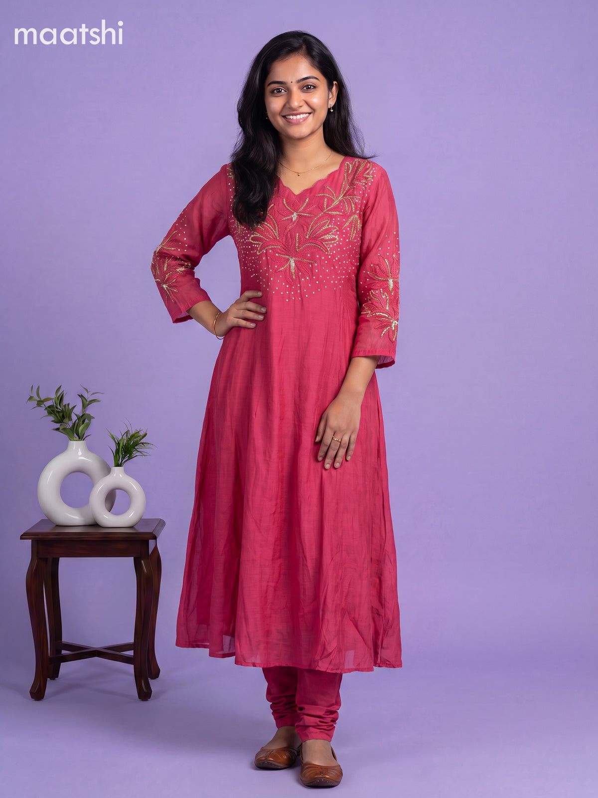 Rani Pink Mul Chanderi Embroidery Work Anarkali Suit