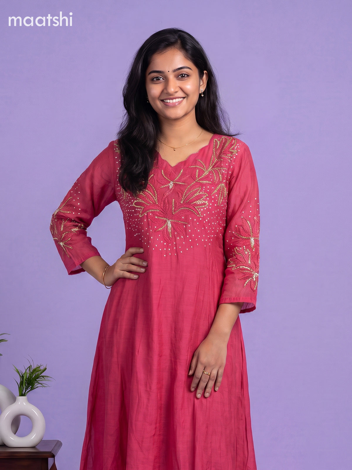 Rani Pink Mul Chanderi Embroidery Work Anarkali Suit