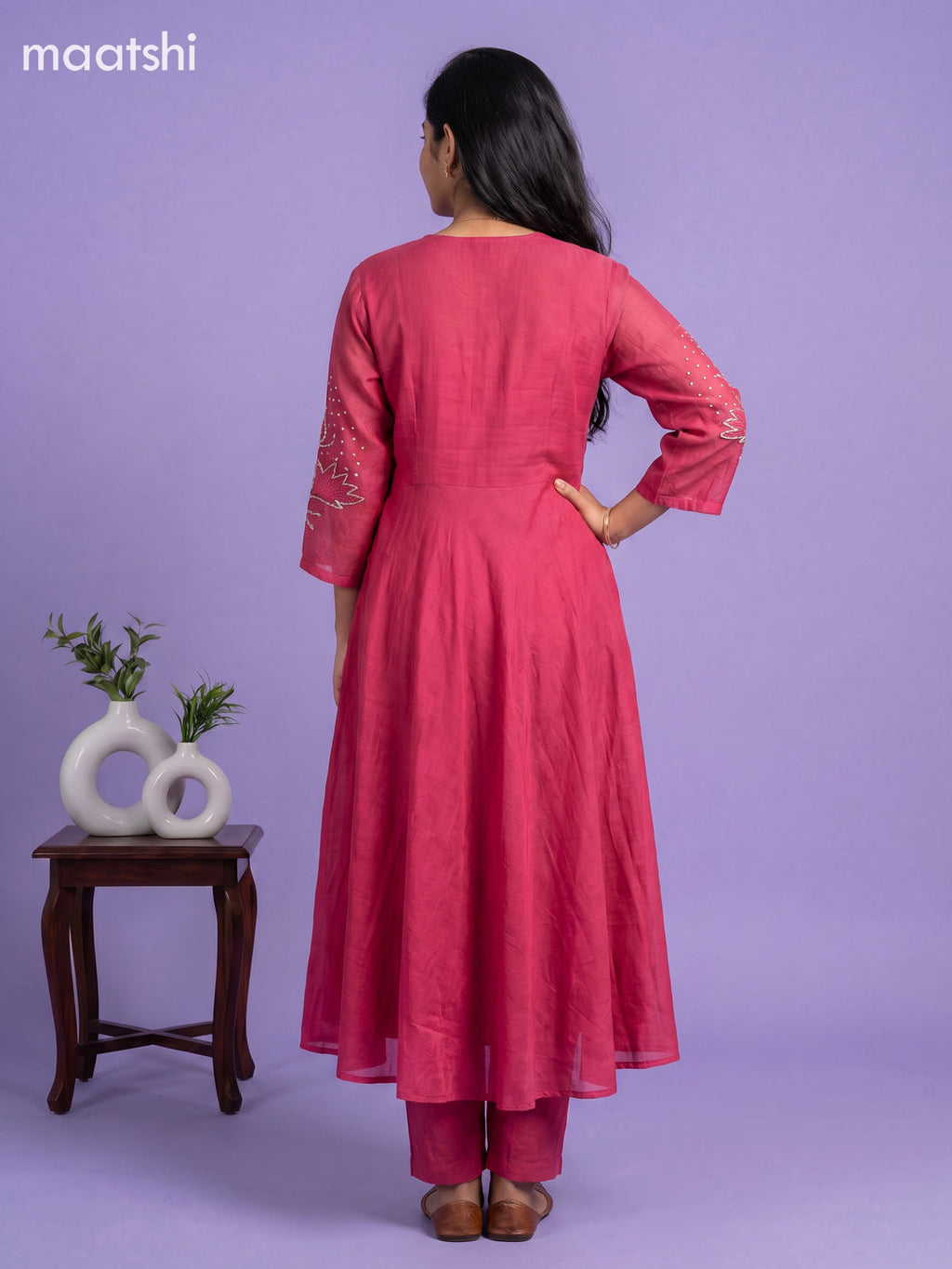 Rani Pink Mul Chanderi Embroidery Work Anarkali Suit