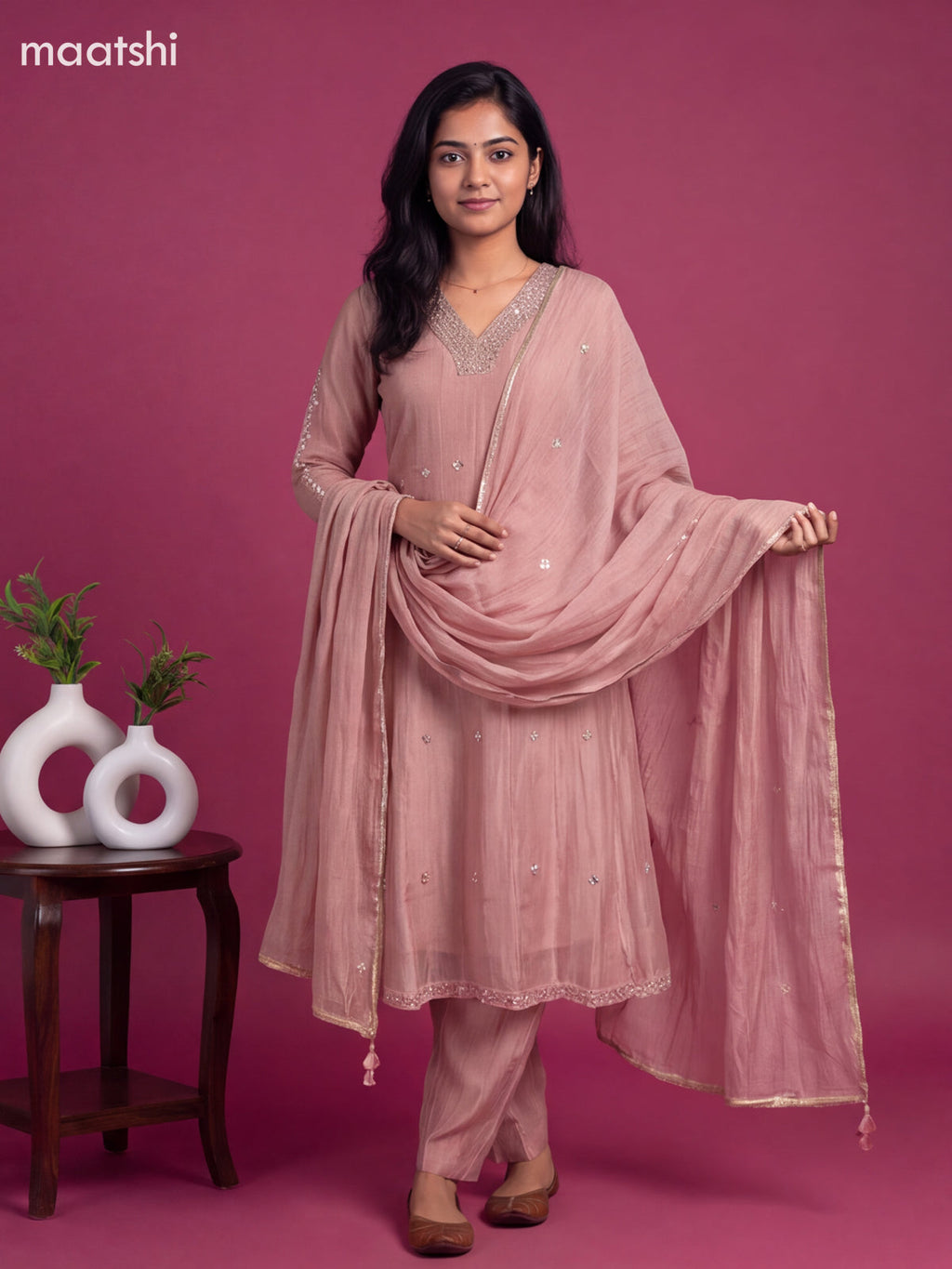 Mild Pink Tissue Embroidery Work Anarkali Suit