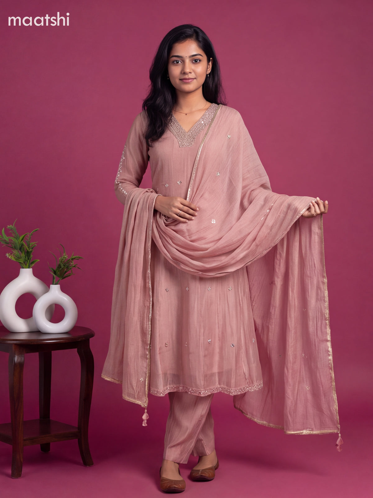 Mild Pink Tissue Embroidery Work Anarkali Suit