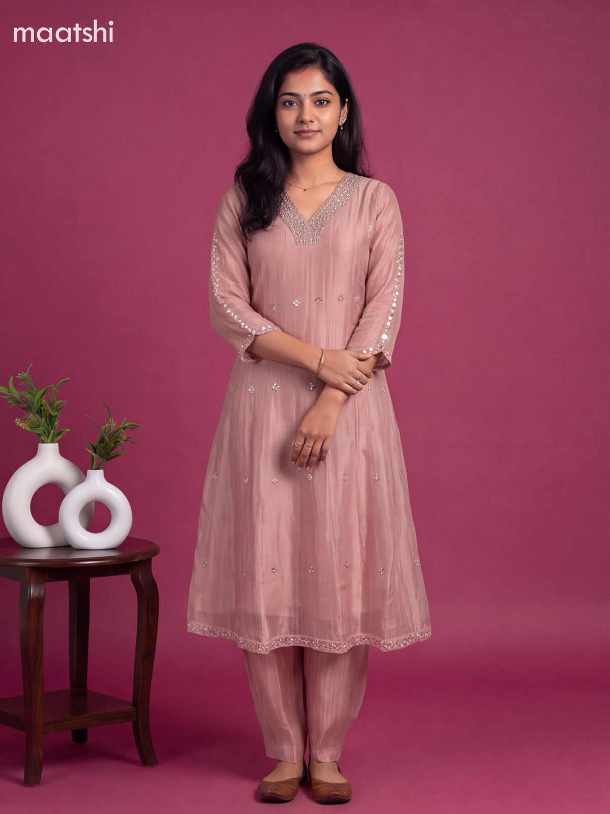 Mild Pink Tissue Embroidery Work Anarkali Suit
