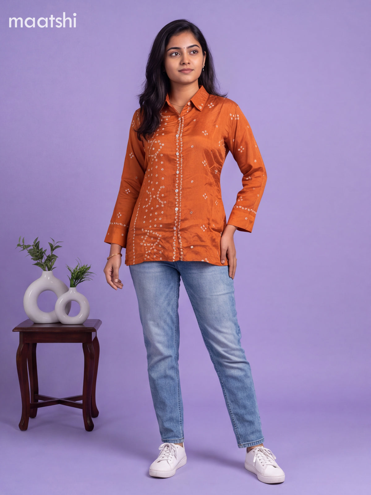 Rustic Orange Crepe Silk With Bandhani Printed Women Shirt