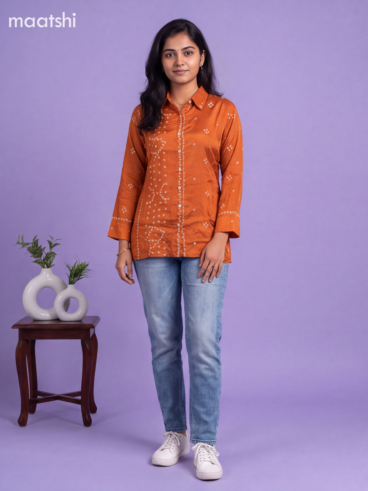 Rustic Orange Crepe Silk With Bandhani Printed Women Shirt