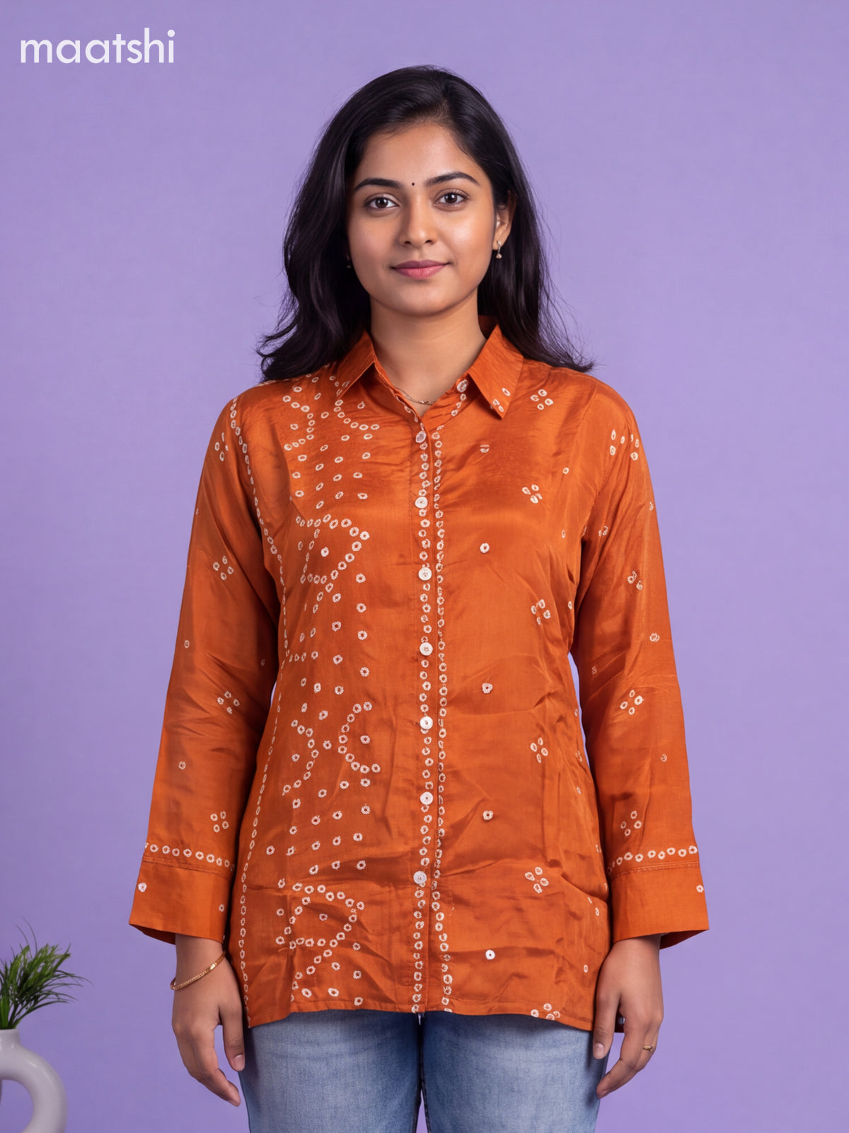 Rustic Orange Crepe Silk With Bandhani Printed Women Shirt