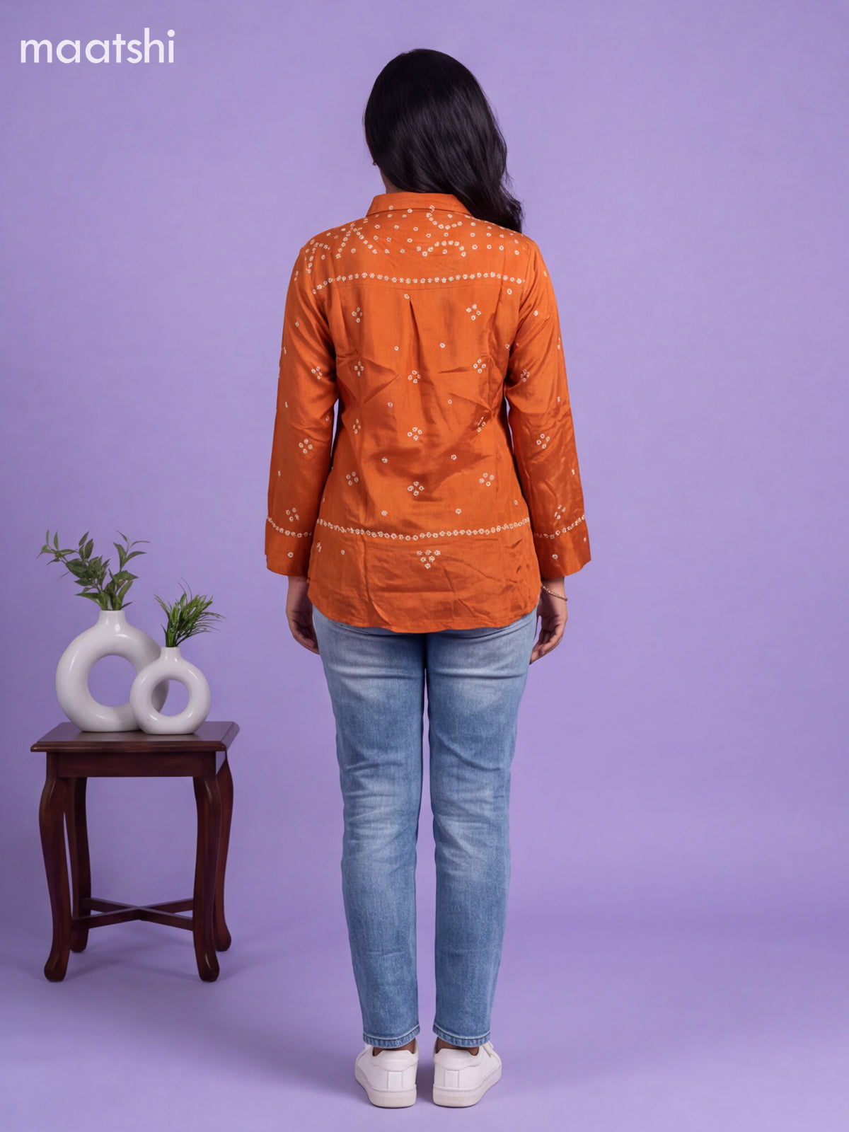 Rustic Orange Crepe Silk With Bandhani Printed Women Shirt