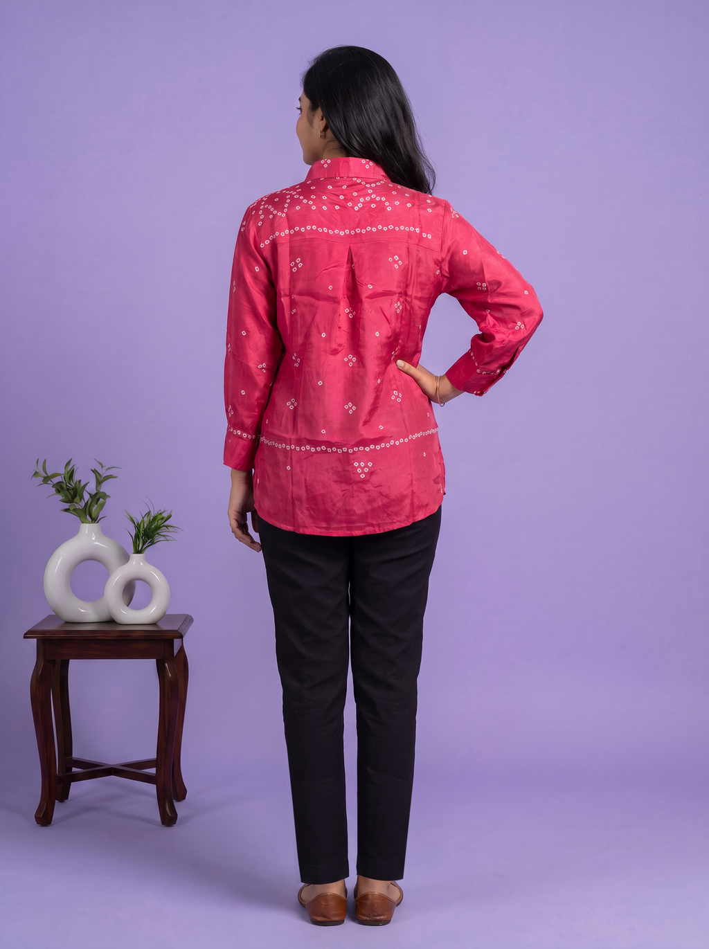 Dark Pink Crepe Silk With Bandhani Printed Women Shirt