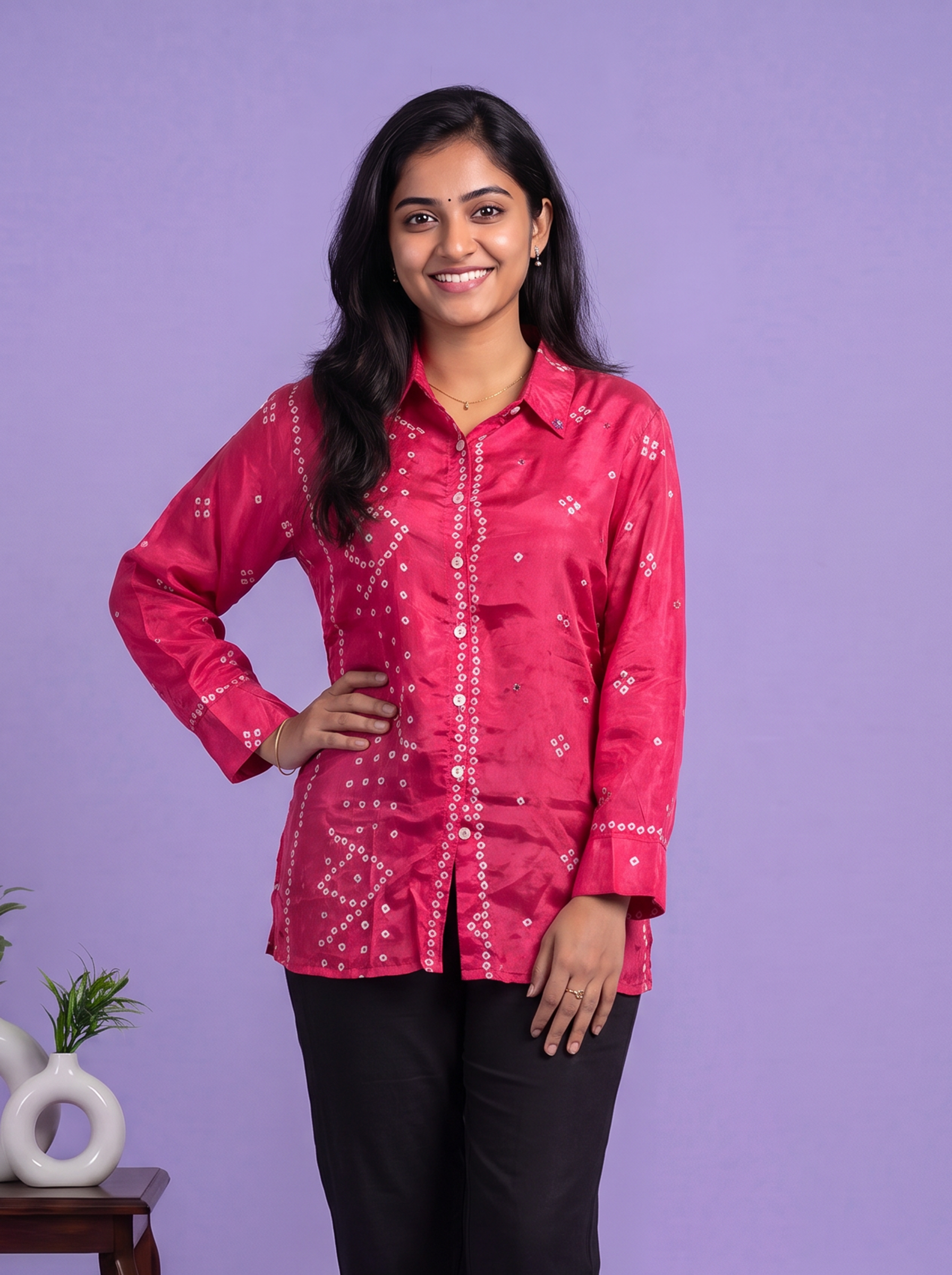 Dark Pink Crepe Silk With Bandhani Printed Women Shirt
