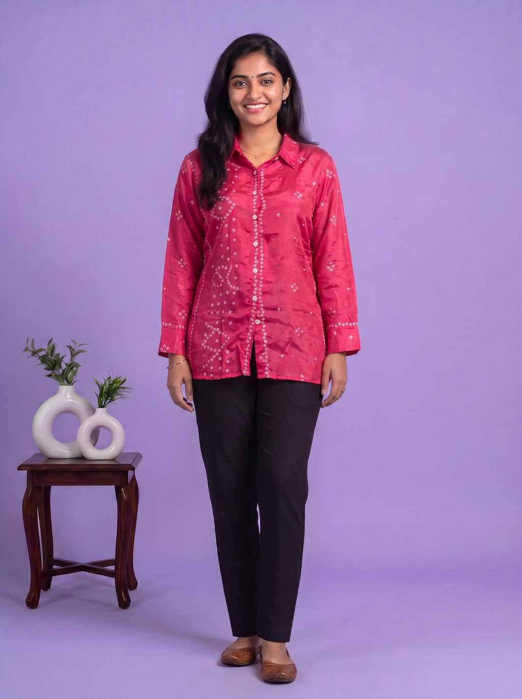 Dark Pink Crepe Silk With Bandhani Printed Women Shirt