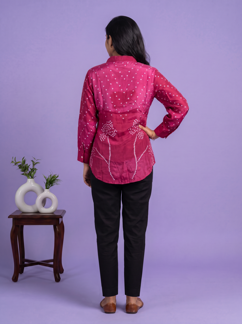 Magenta Pink Crepe Silk With Bandhani Printed Women Shirt