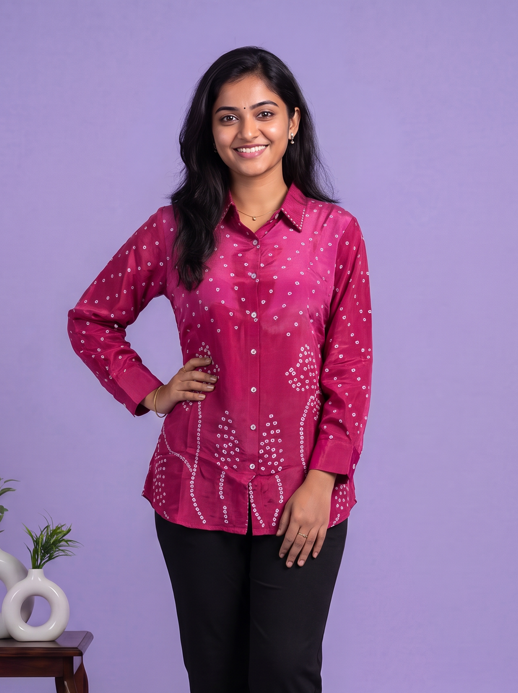 Magenta Pink Crepe Silk With Bandhani Printed Women Shirt