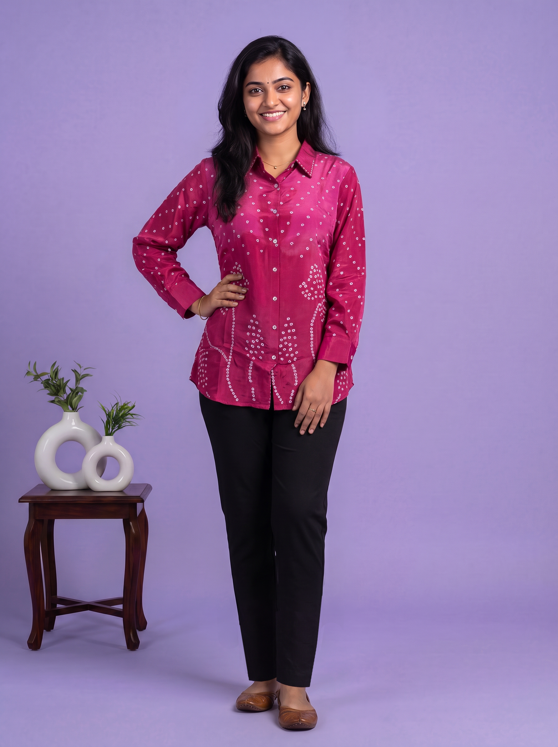Magenta Pink Crepe Silk With Bandhani Printed Women Shirt