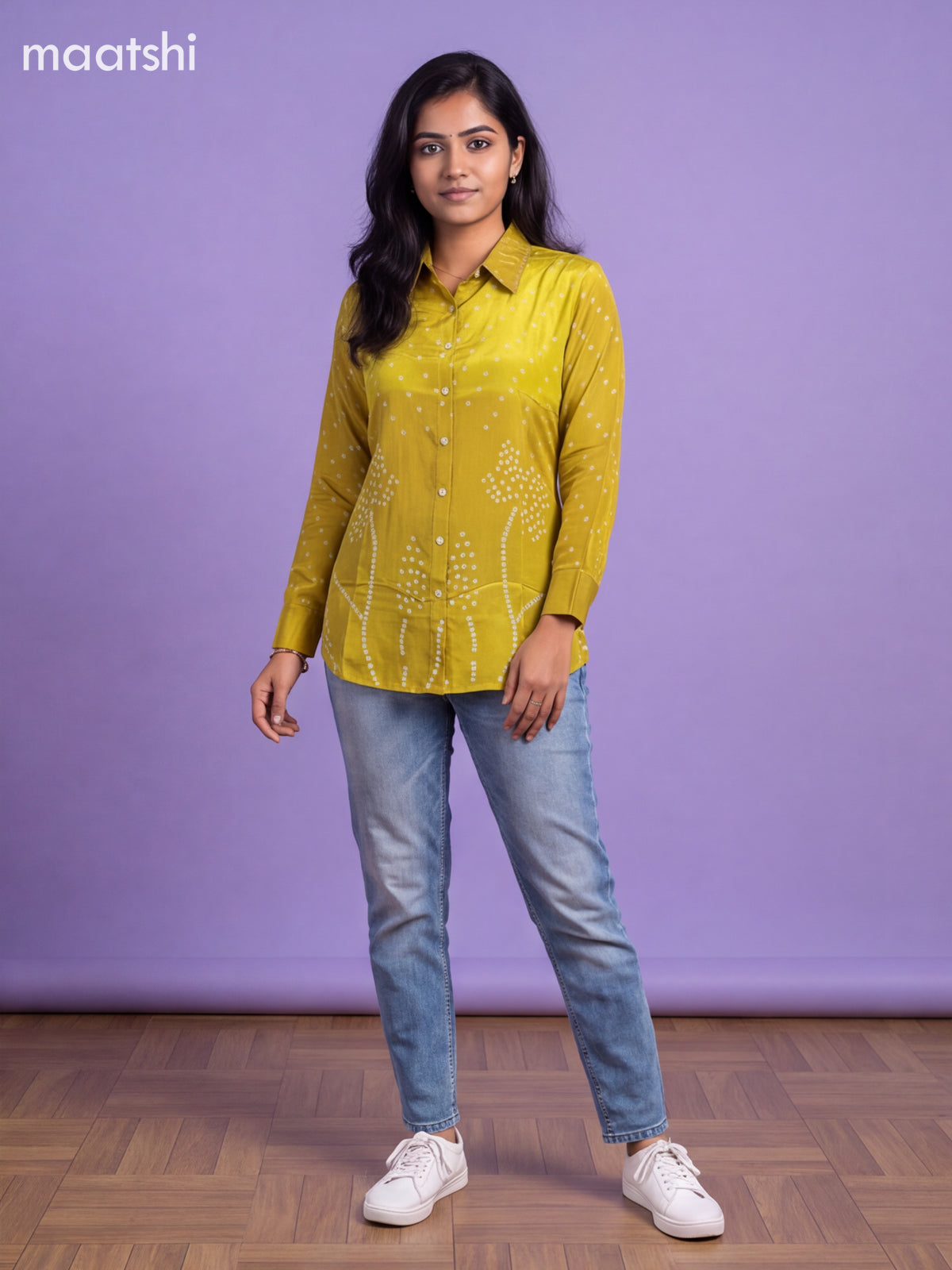 Fluoresent Green Crepe Silk With Bandhani Printed Women Shirt