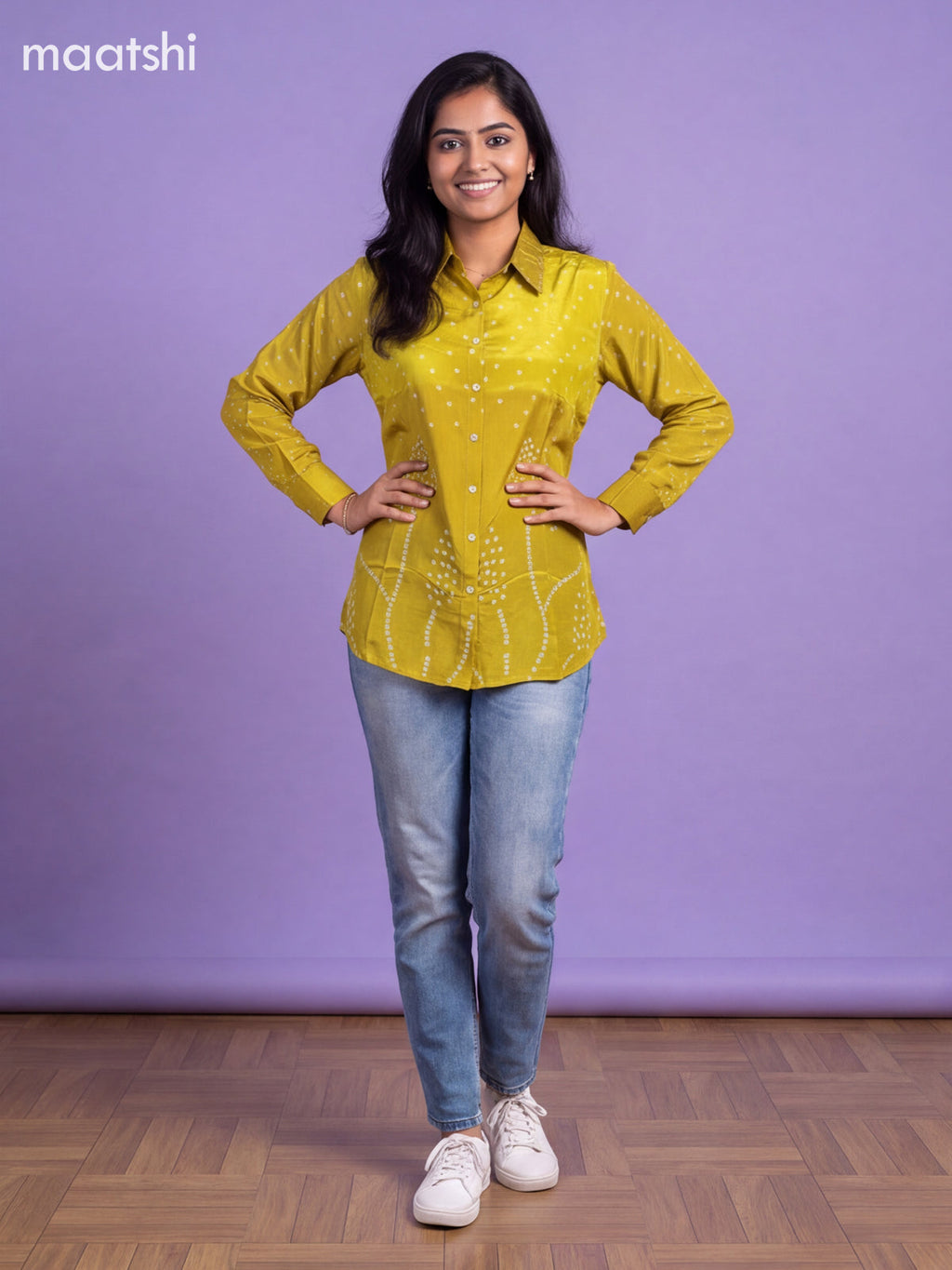 Fluoresent Green Crepe Silk With Bandhani Printed Women Shirt