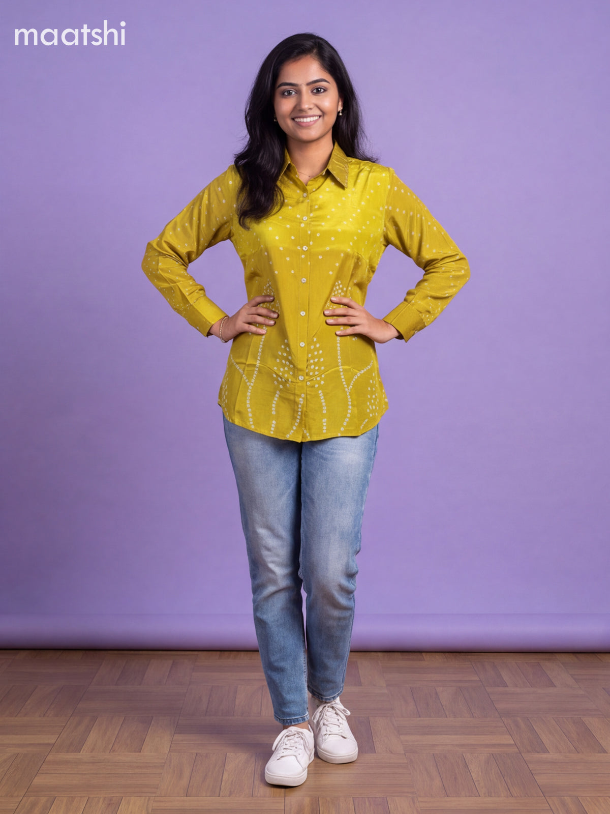Fluoresent Green Crepe Silk With Bandhani Printed Women Shirt