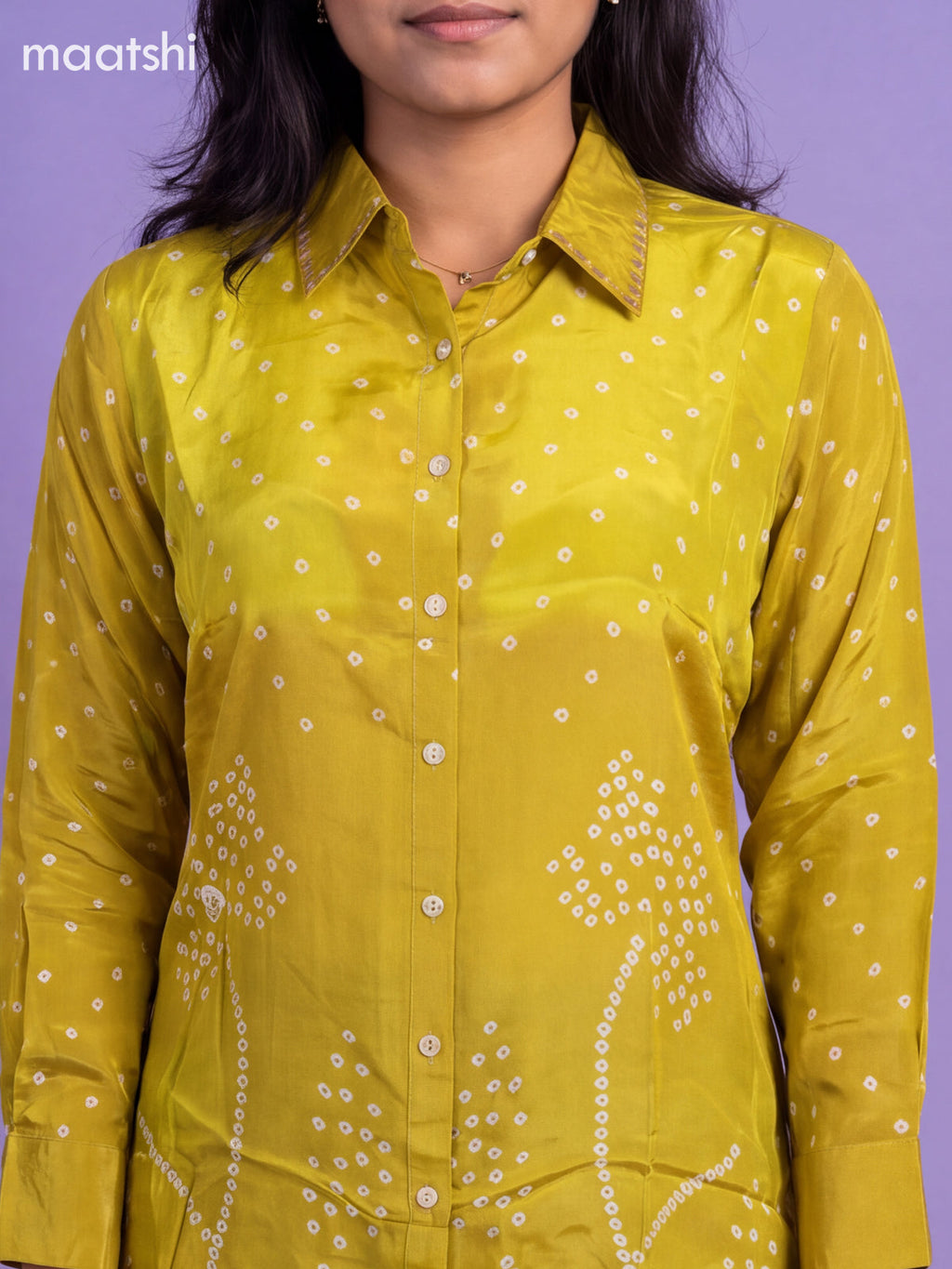 Fluoresent Green Crepe Silk With Bandhani Printed Women Shirt