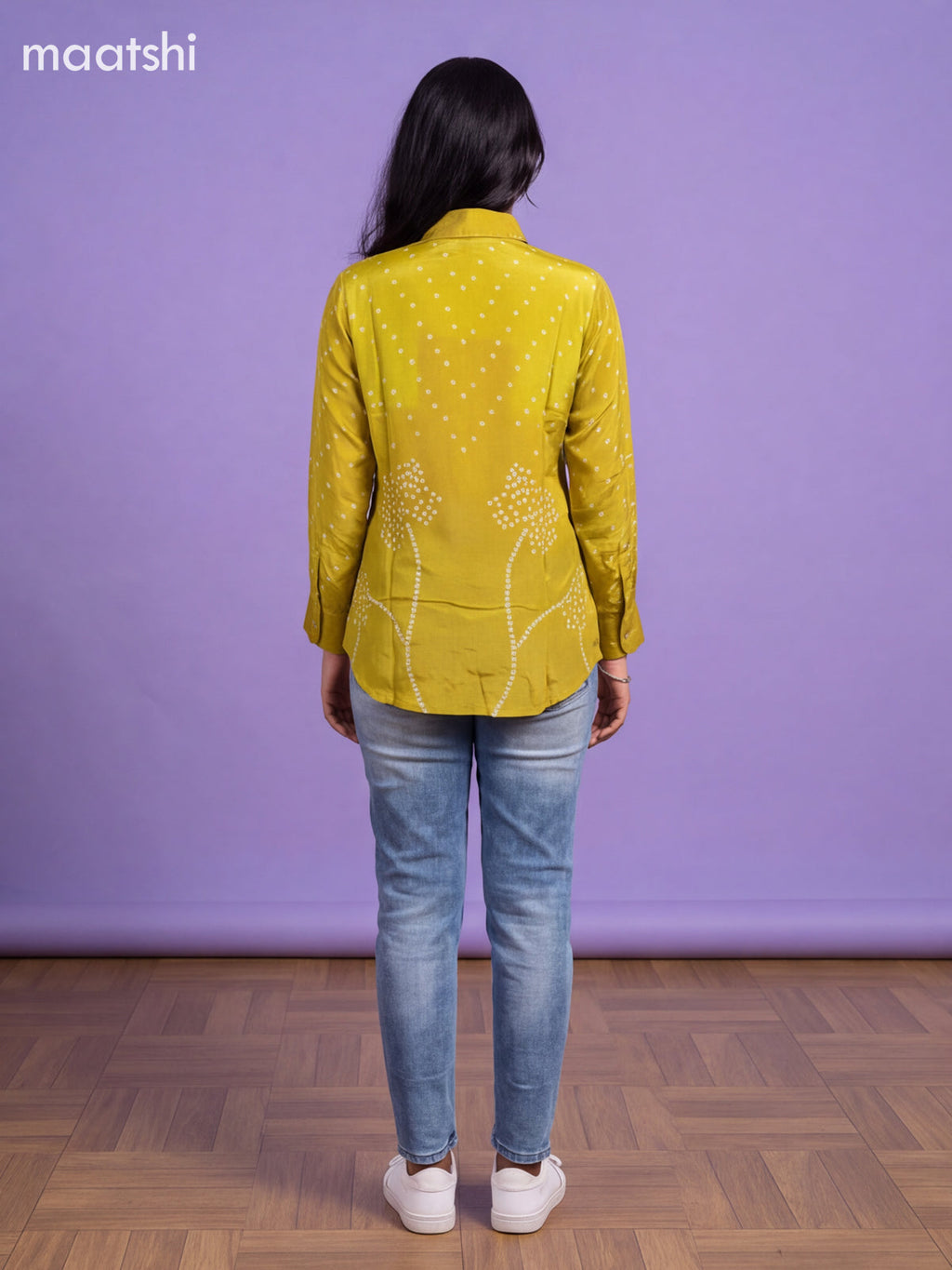 Fluoresent Green Crepe Silk With Bandhani Printed Women Shirt