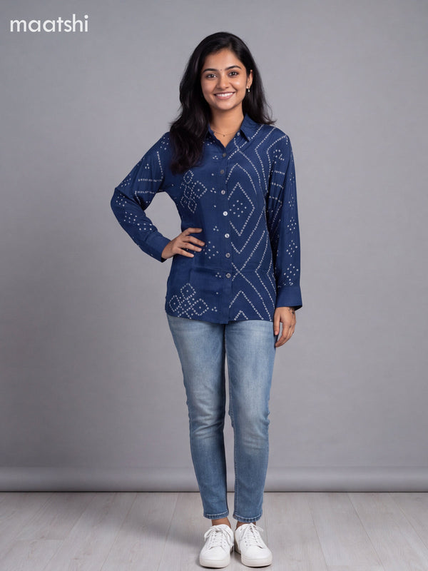 Dark Blue Crepe Silk With Bandhani Printed Women Shirt