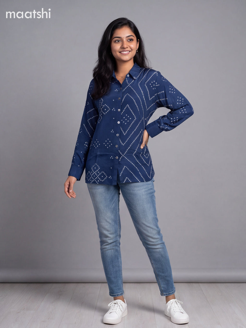 Dark Blue Crepe Silk With Bandhani Printed Women Shirt