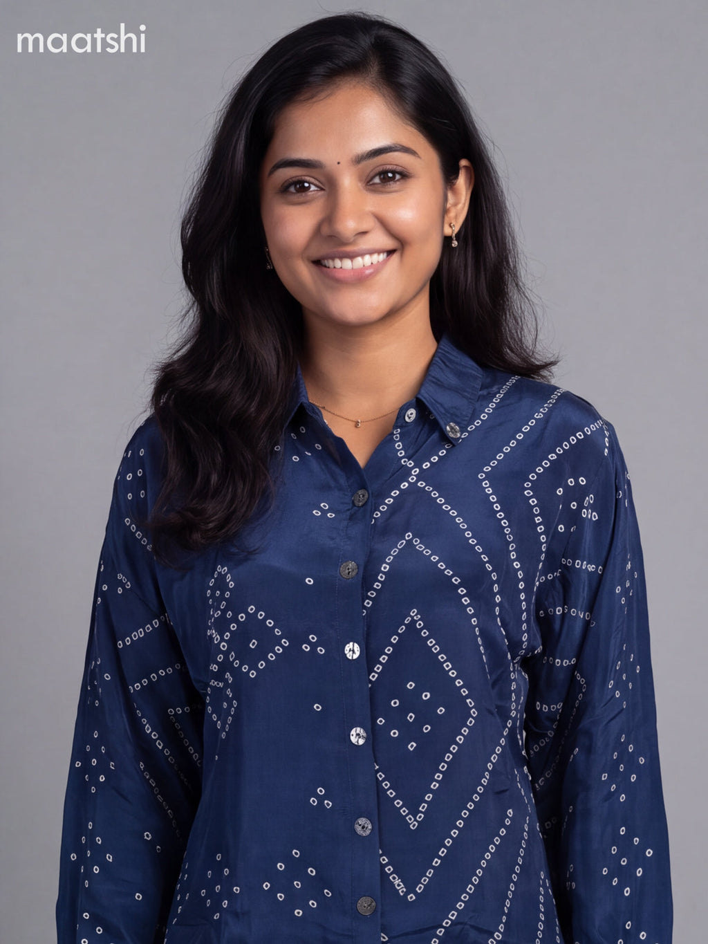 Dark Blue Crepe Silk With Bandhani Printed Women Shirt