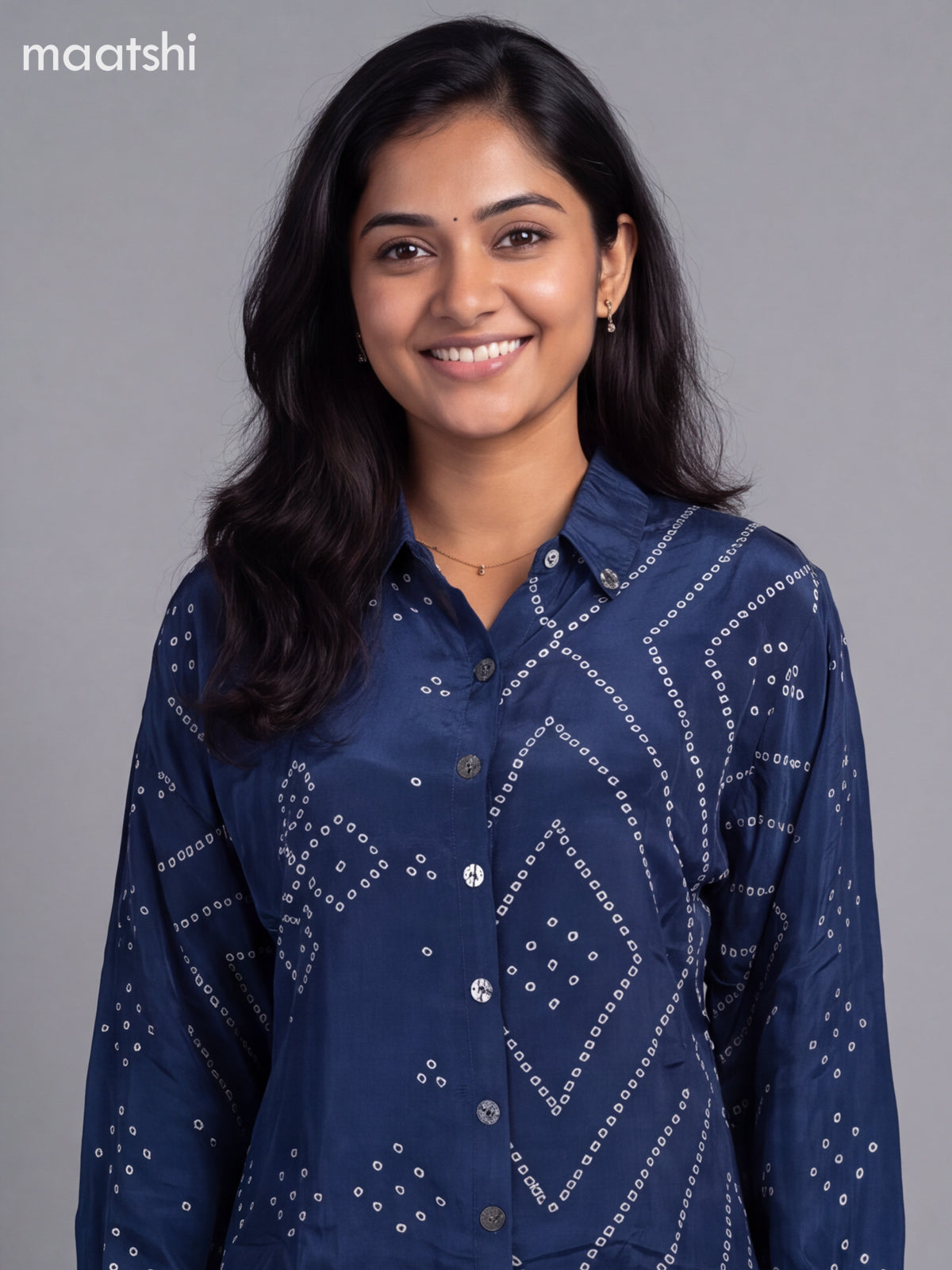 Dark Blue Crepe Silk With Bandhani Printed Women Shirt