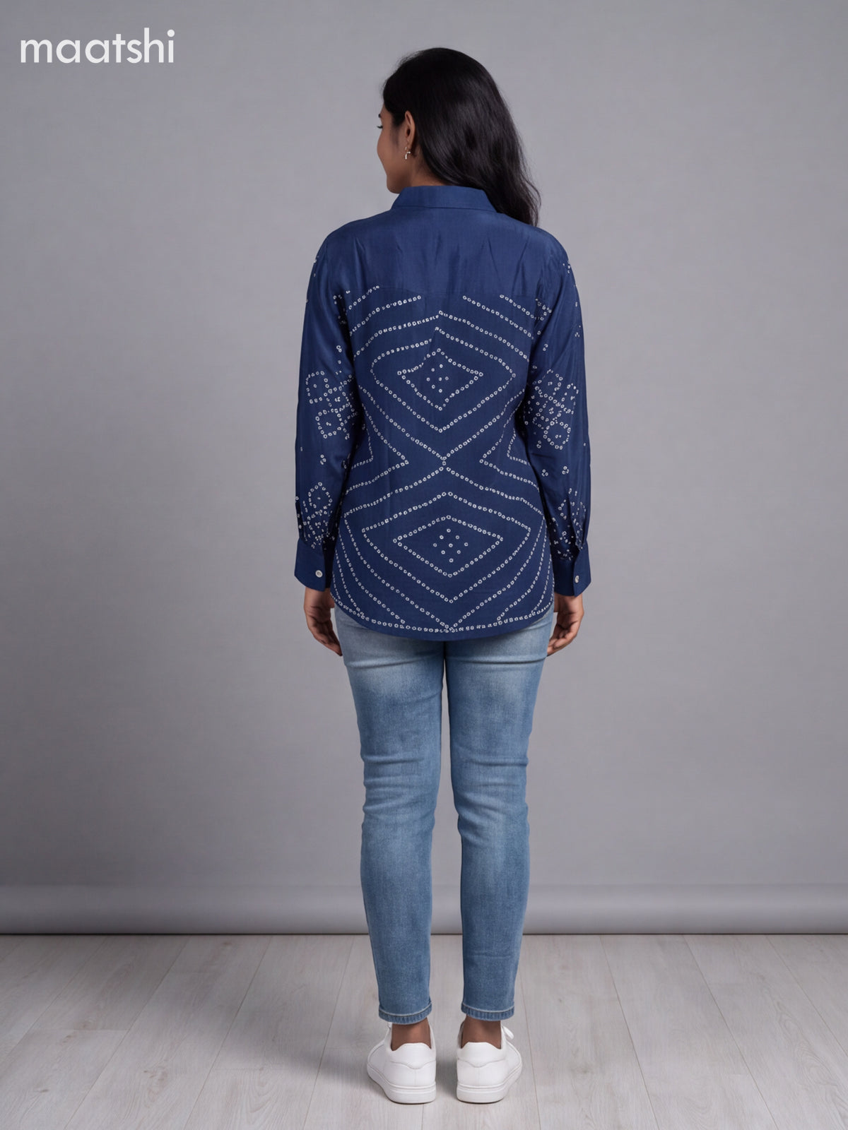 Dark Blue Crepe Silk With Bandhani Printed Women Shirt