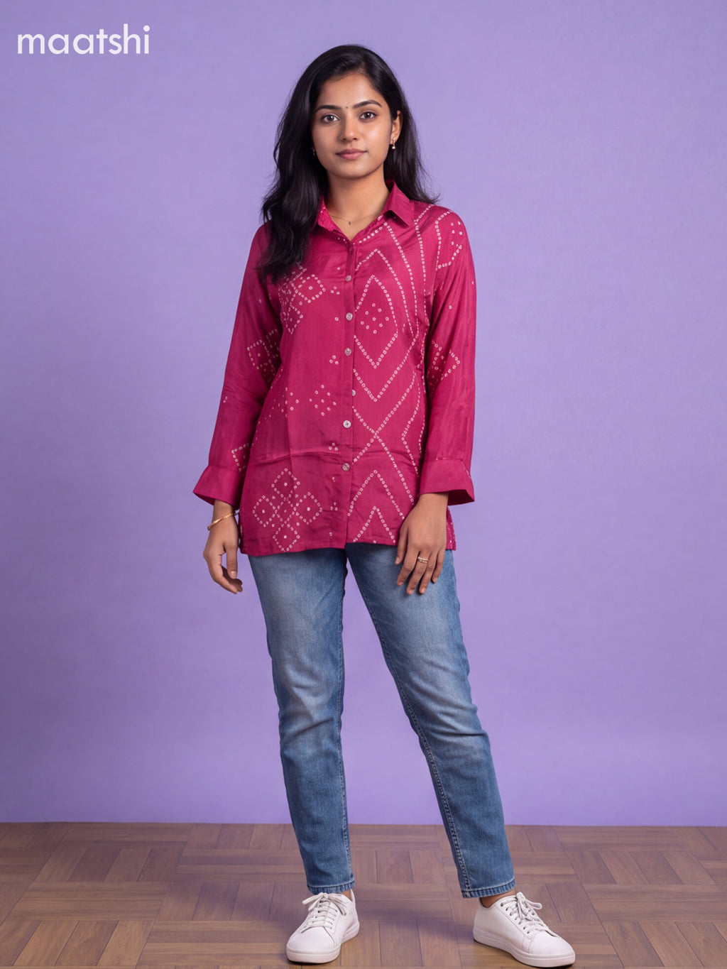 Magenta Pink Crepe Silk With Bandhani Printed Women Shirt