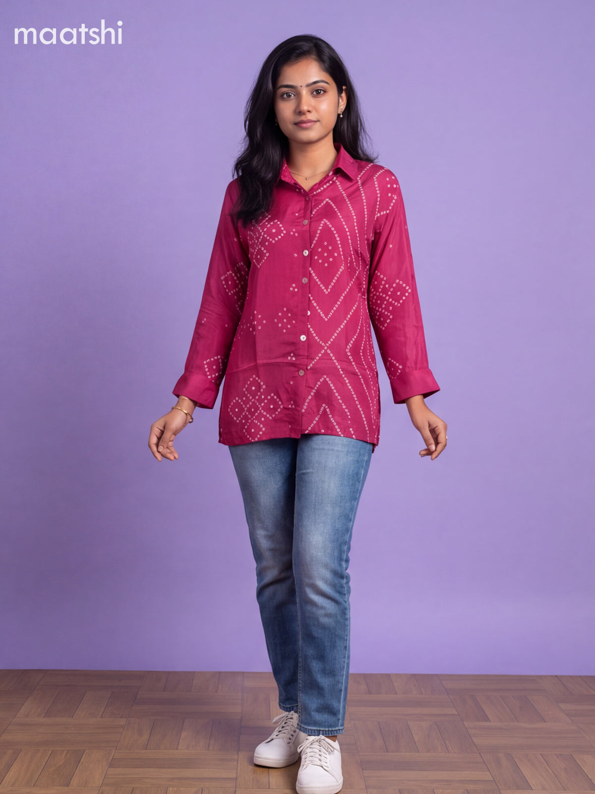 Magenta Pink Crepe Silk With Bandhani Printed Women Shirt