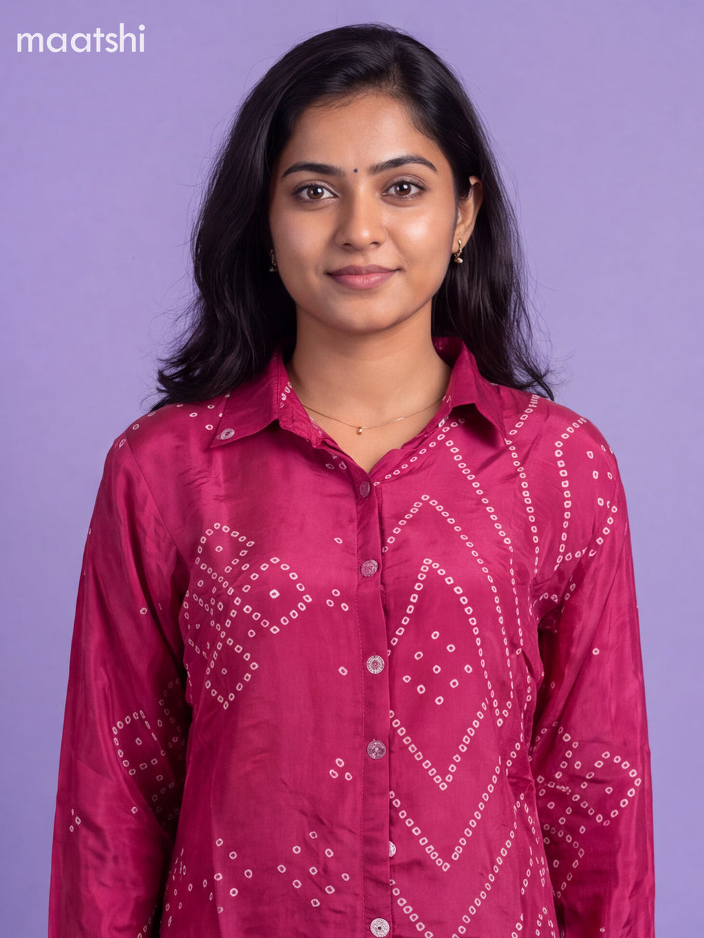Magenta Pink Crepe Silk With Bandhani Printed Women Shirt