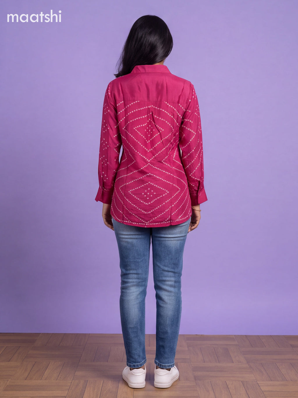 Magenta Pink Crepe Silk With Bandhani Printed Women Shirt