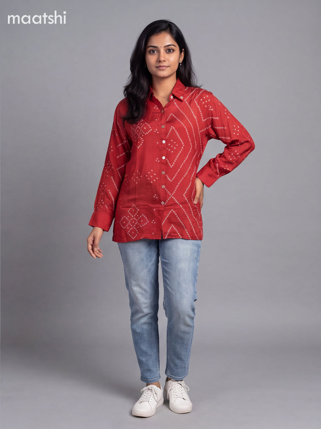 Dark Red Crepe Silk With Bandhani Printed Women Shirt