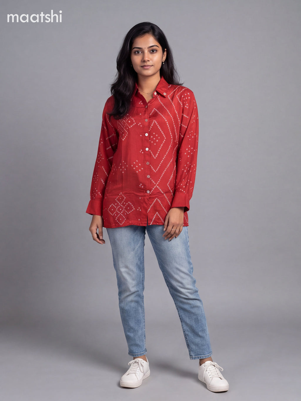 Dark Red Crepe Silk With Bandhani Printed Women Shirt