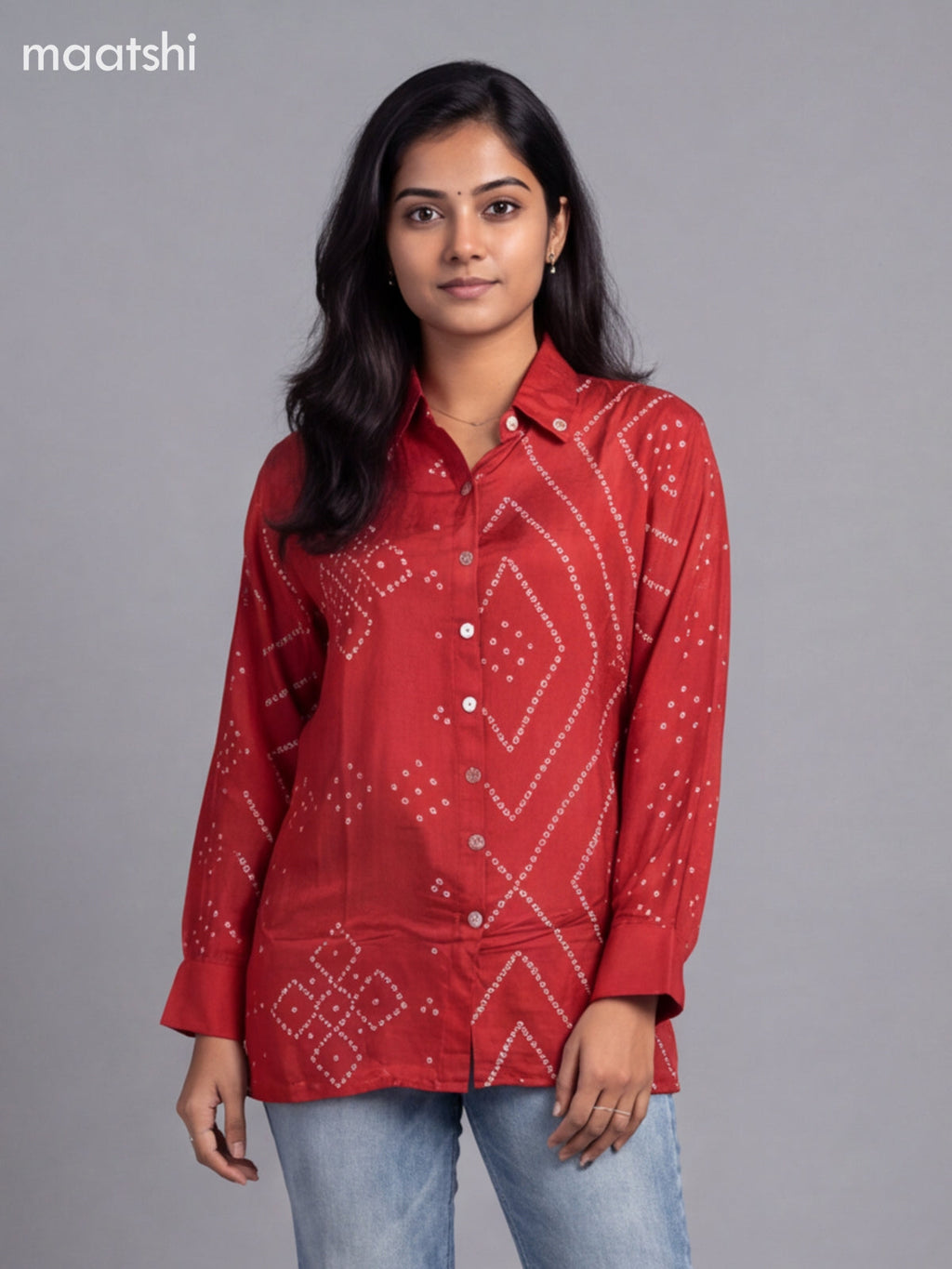 Dark Red Crepe Silk With Bandhani Printed Women Shirt