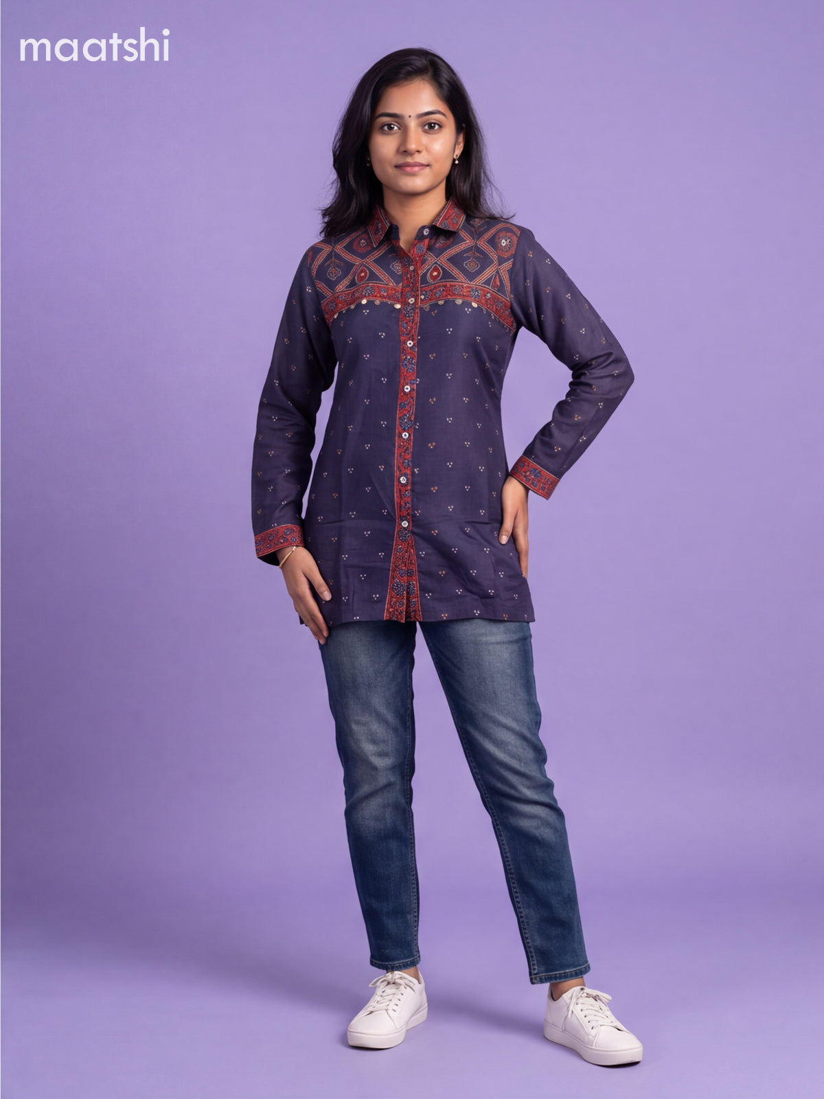 Dark Blue Crepe Silk Printed Women Shirt