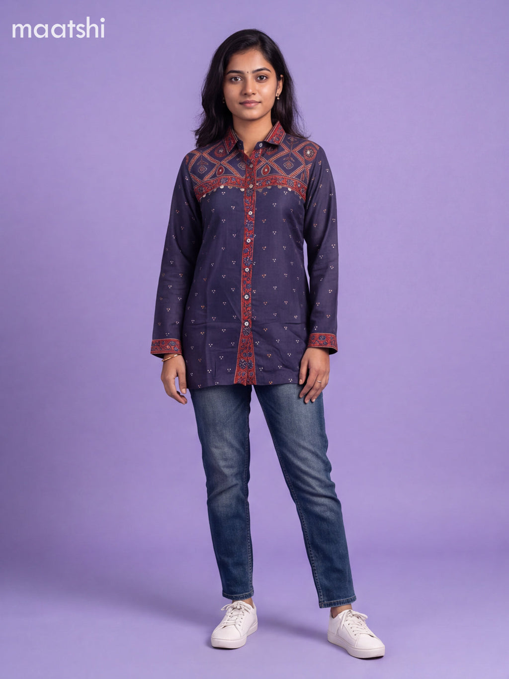 Dark Blue Crepe Silk Printed Women Shirt
