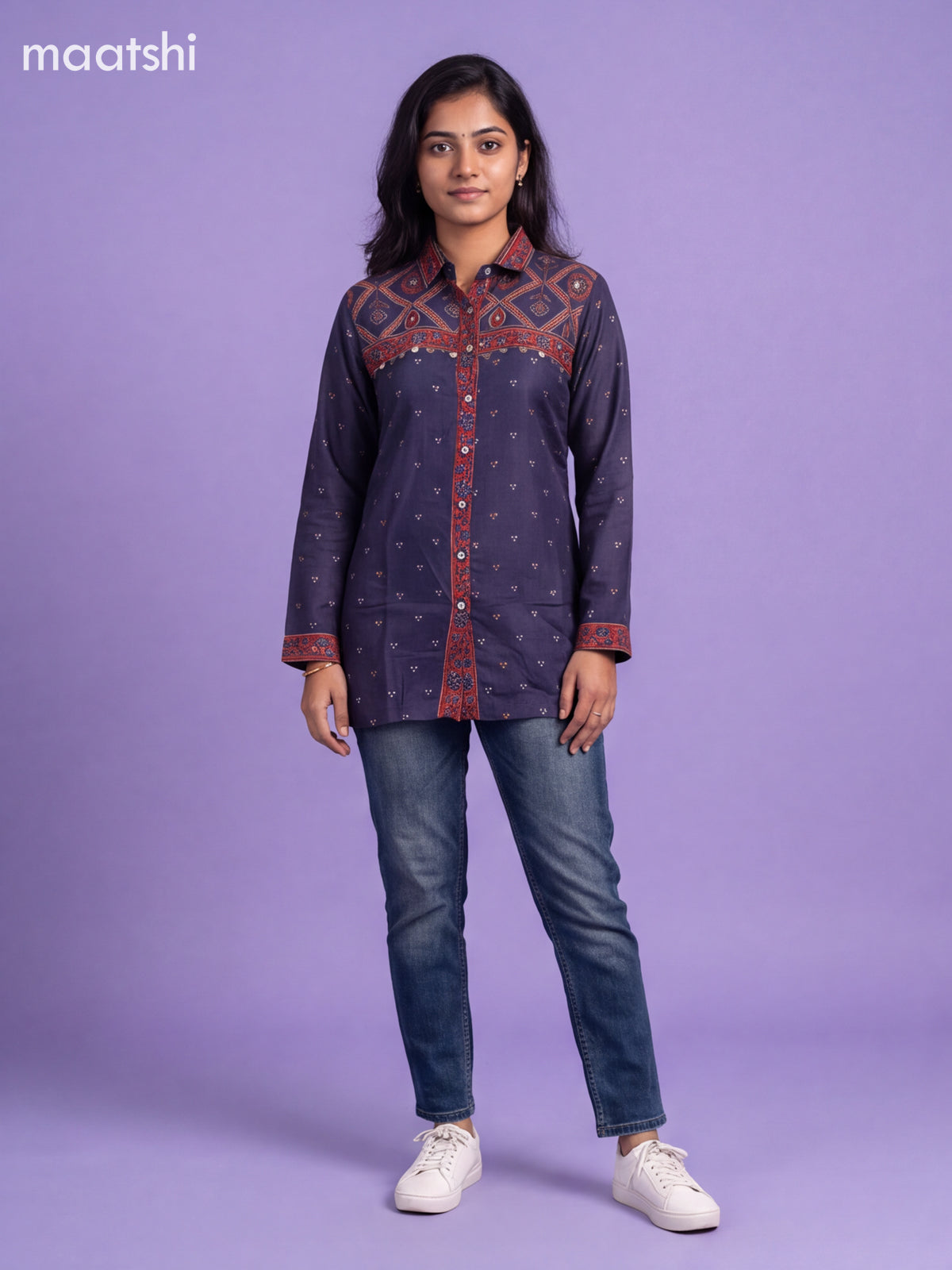 Dark Blue Crepe Silk Printed Women Shirt