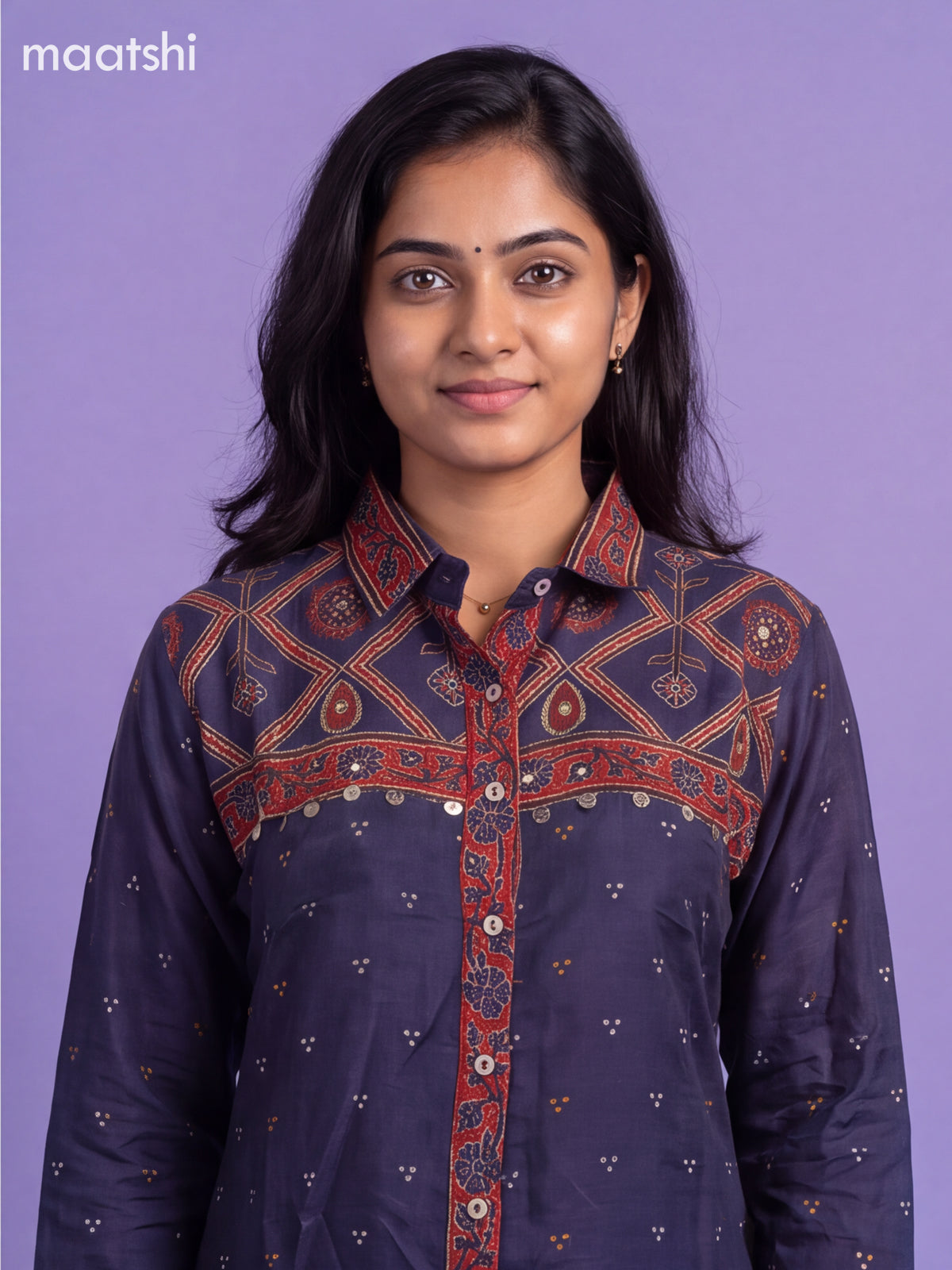 Dark Blue Crepe Silk Printed Women Shirt