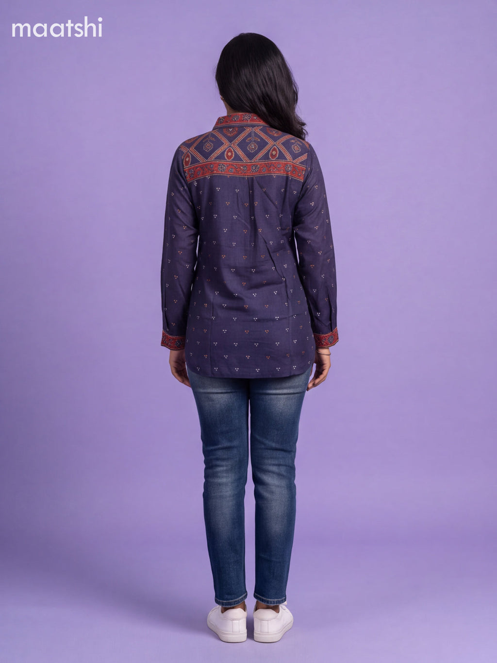 Dark Blue Crepe Silk Printed Women Shirt