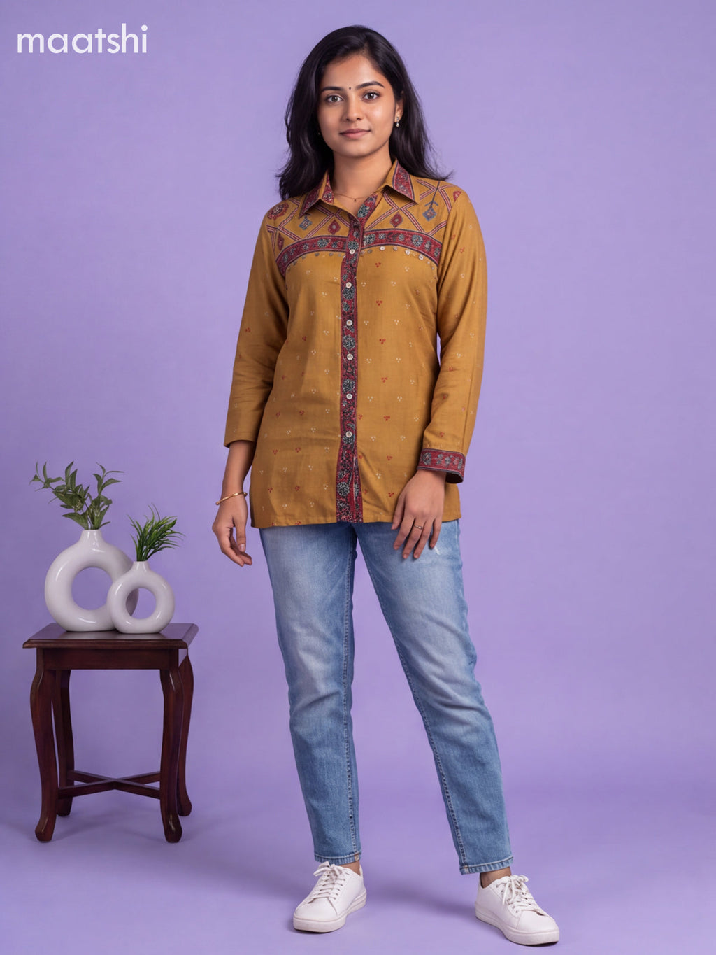Dark Mustard Crepe Silk Printed Women Shirt