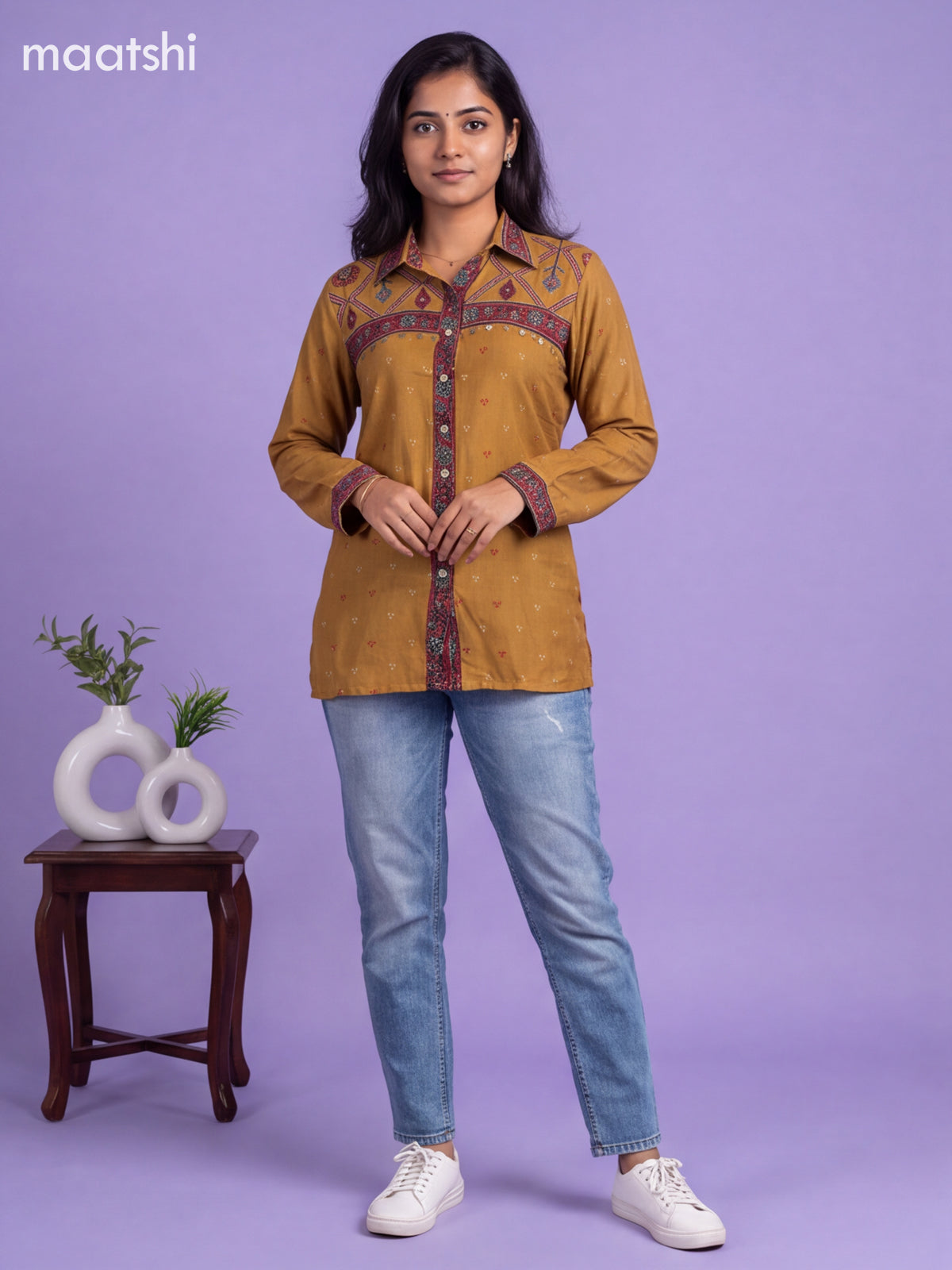 Dark Mustard Crepe Silk Printed Women Shirt